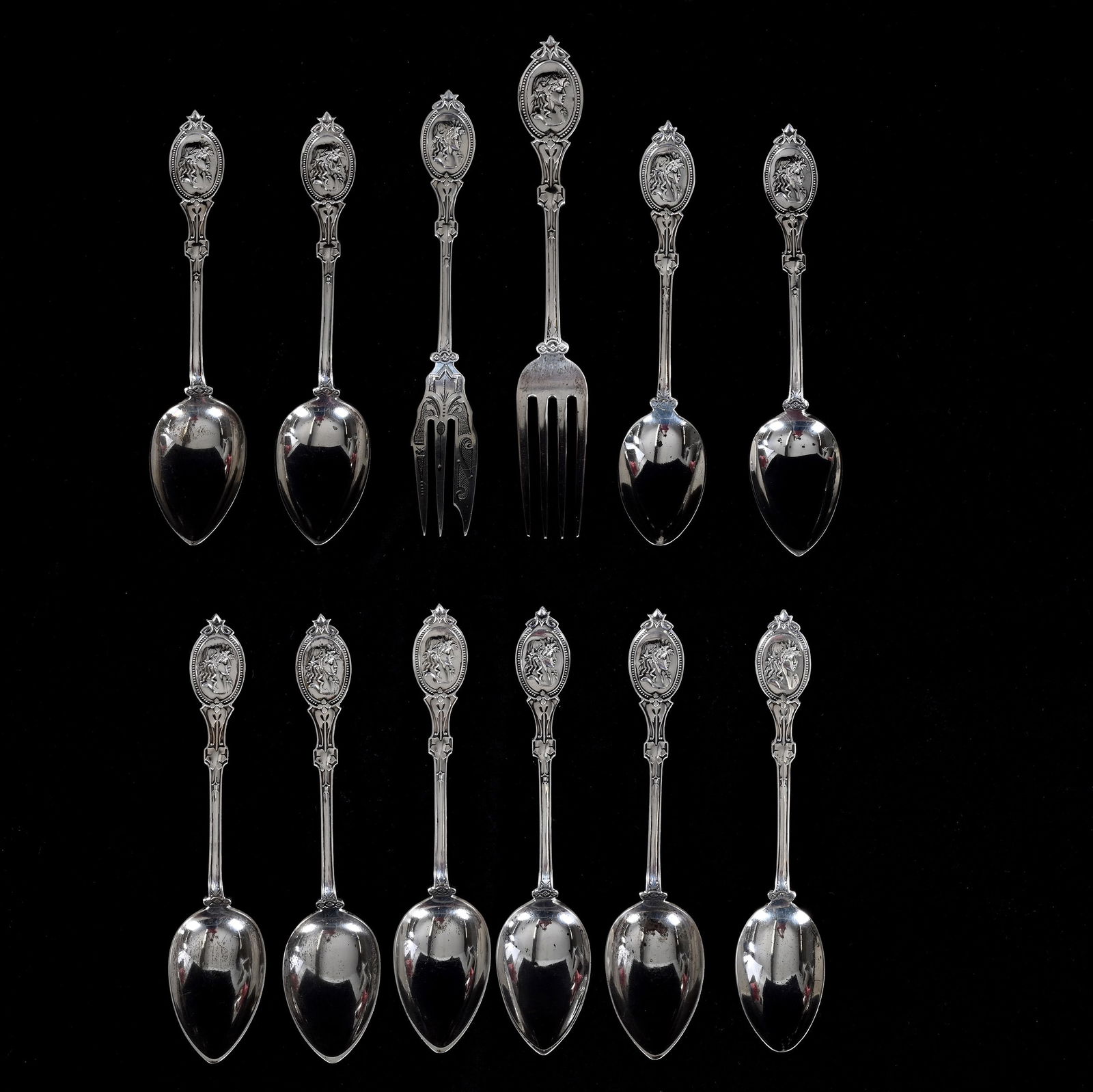 Solid Coin Silver (10) Spoons & (2) Forks, Medallion Pattern By Hotchkiss & Schreuder: Solid Coin Silver (10) Spoons & (2) Forks, Medallion Pattern By Hotchkiss & Schreuder, Approximately 6 x 1.25 x 1 Inches, Four Spoons Are Sterling, All Other Items Are Coin Silver, See Photos For Deta