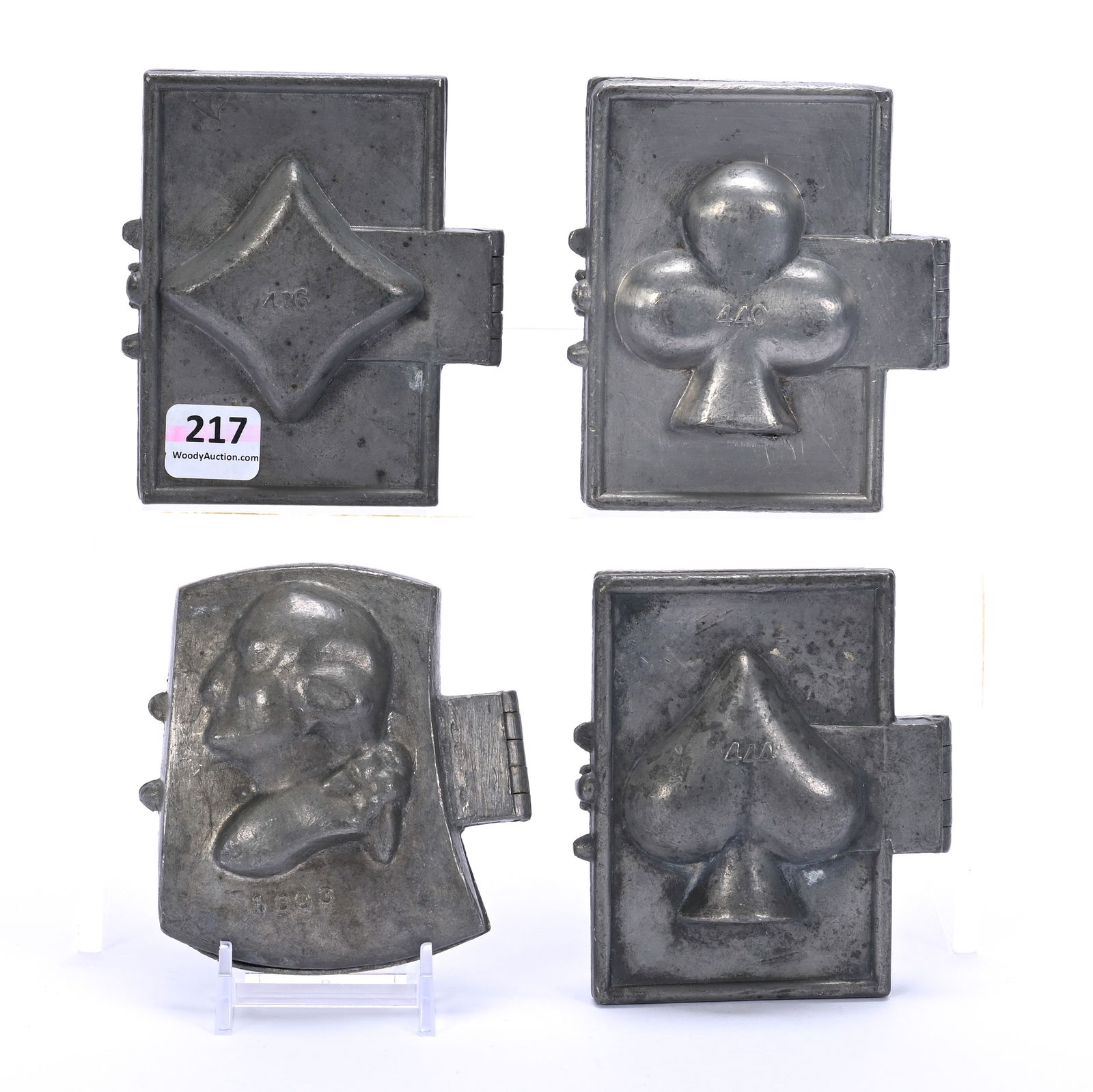(4) Vintage Pewter Ice Cream Molds: (4) Vintage Pewter Ice Cream Molds, 1.25 x 4 x 3.5 Inches, Designs Feature Partial Bridge Set Including Diamond #436, Club #440 & Spade #444, Also George Washington & Hatchet #1093, 3.5 Pounds, Dr.