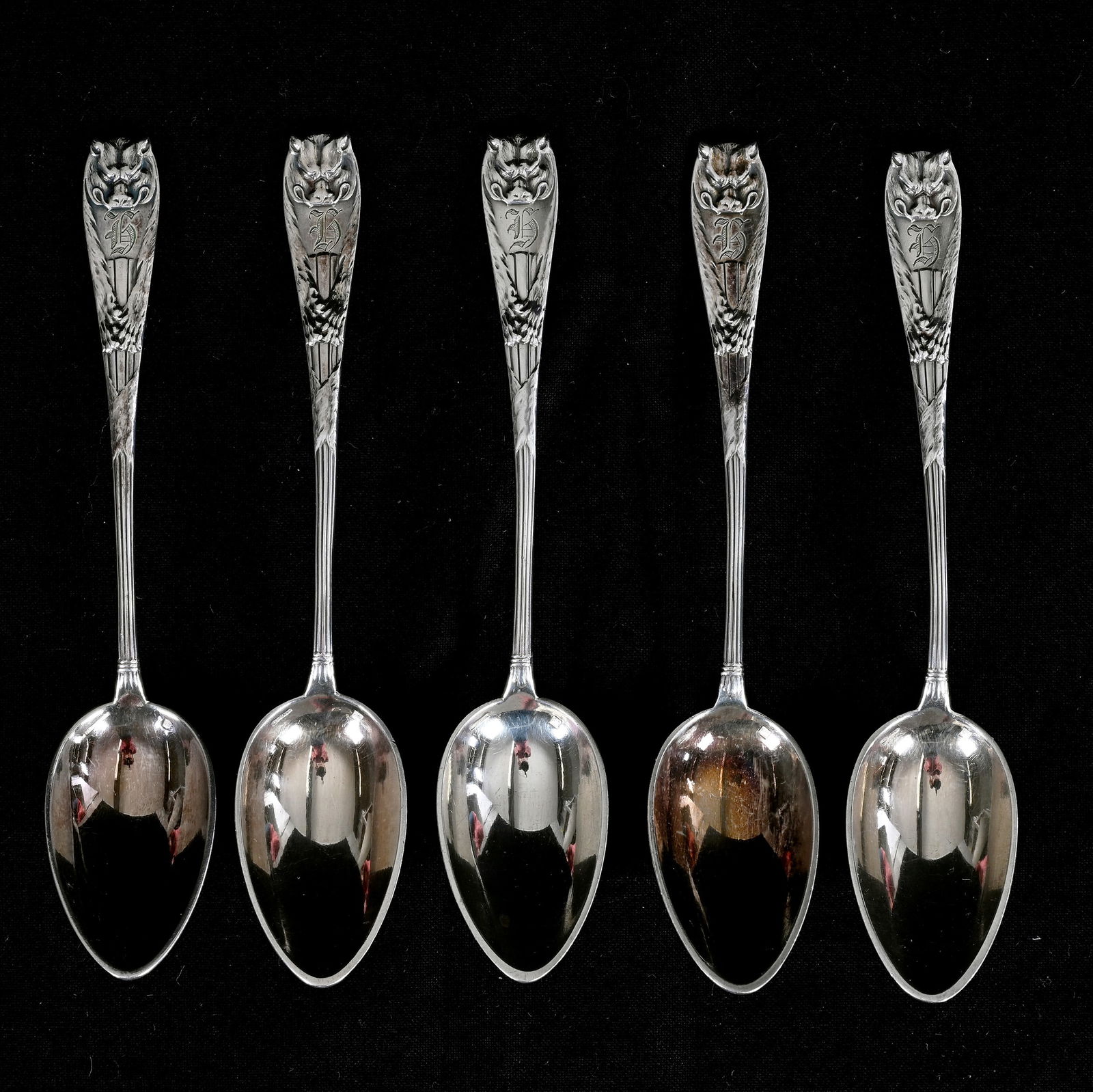 (5) French Christofle Silverplate Spoons, Embossed Boar's Head Handle: (5) French Christofle Silverplate Spoons, Embossed Boar's Head Handle, 5 x 1 x 0.75 Inches, Hallmark Stamped On Bowl Features Christofle & Balance Scale, 91.0 Grams, Dr. Harold & Audrey Eklund