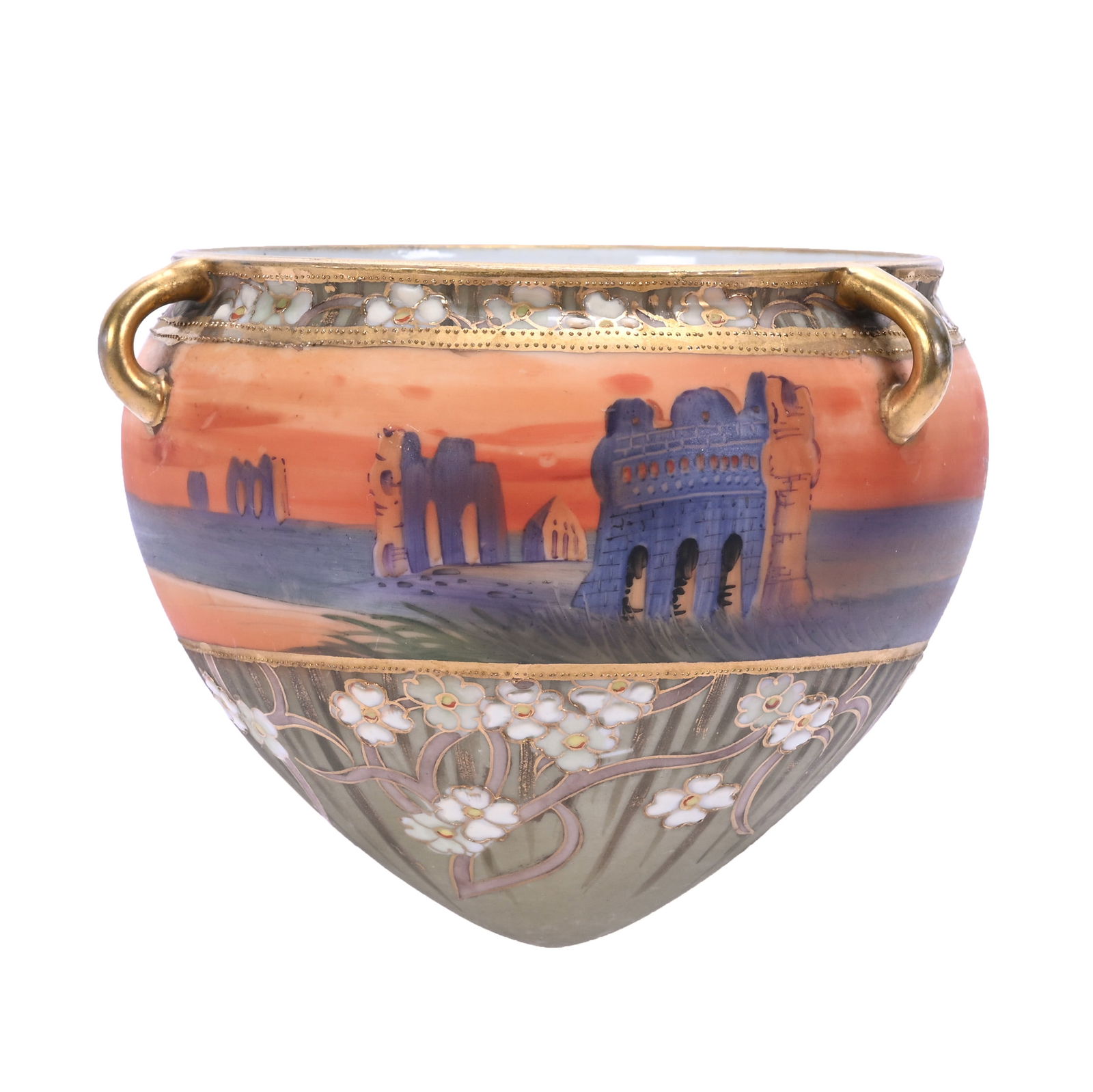 Hanging Planter, Three Handles, Marked Nippon: Hanging Planter, Three Handles, Marked Nippon, 5 x 6 x 6 Inches, Sunset Ruins Scenic Decor, Floral Highlights, 0.9 Pounds, Dr. Harold & Audrey Eklund Estate, Iowa.