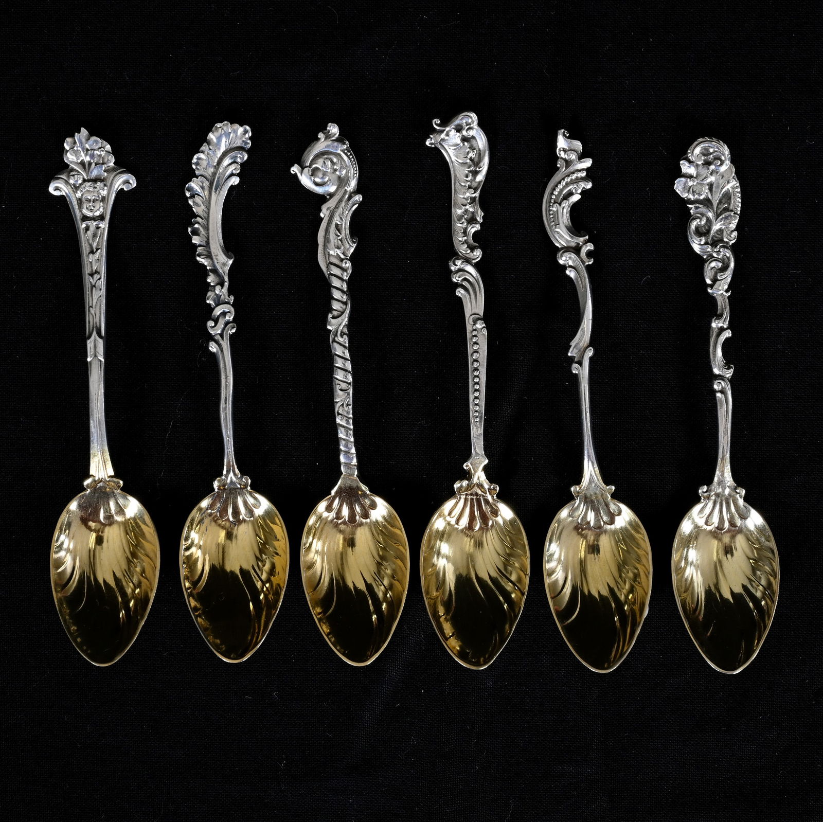 (6) Solid Sterling Silver Demitasse Spoons Marked Gorham: (6) Solid Sterling Silver Demitasse Spoons Marked Gorham, 4.25 x 0.75 x 0.5 Inches, Each Spoon Handle Has Different Elaborate Floral & Scroll Design, Matching Gilded Bowls, Nice Set, 53.0 Grams, Dr.