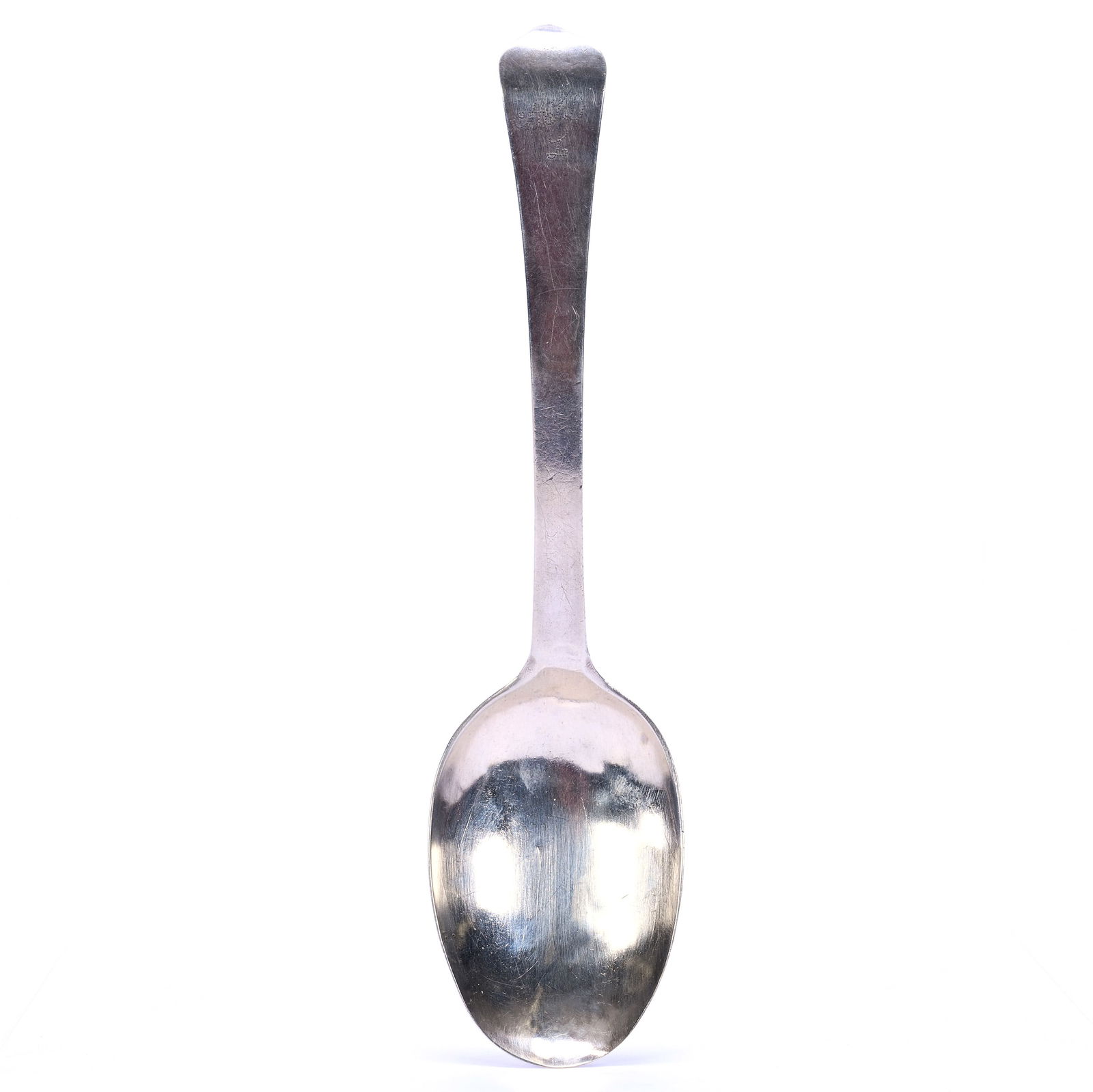 American Revolutionary War Period Solid Coin Silver Serving Spoon: American Revolutionary War Period Solid Coin Silver Serving Spoon, 7.5 x 1.75 x 1 Inches, Various Engraved Initials, Also Dated 1776, Unidentified Hallmark Of Impressed With L. B. Inside Heart, 37.0