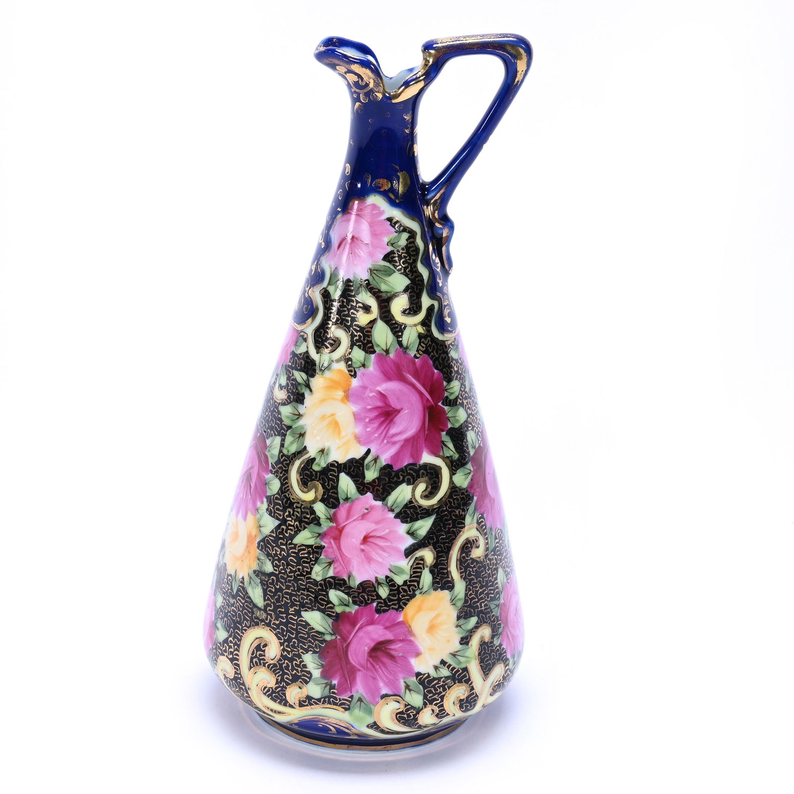 Ewer Marked Royal Kinran Nippon: Ewer Marked Royal Kinran Nippon, 9.5 x 4.25 x 4.25 Inches, Cobalt Blue, Black & Yellow, Pink & Yellow Rose Decor, Gold Stencil Highlights, 1.0 Pounds, Dr. Harold & Audrey Eklund Estate, Iowa.