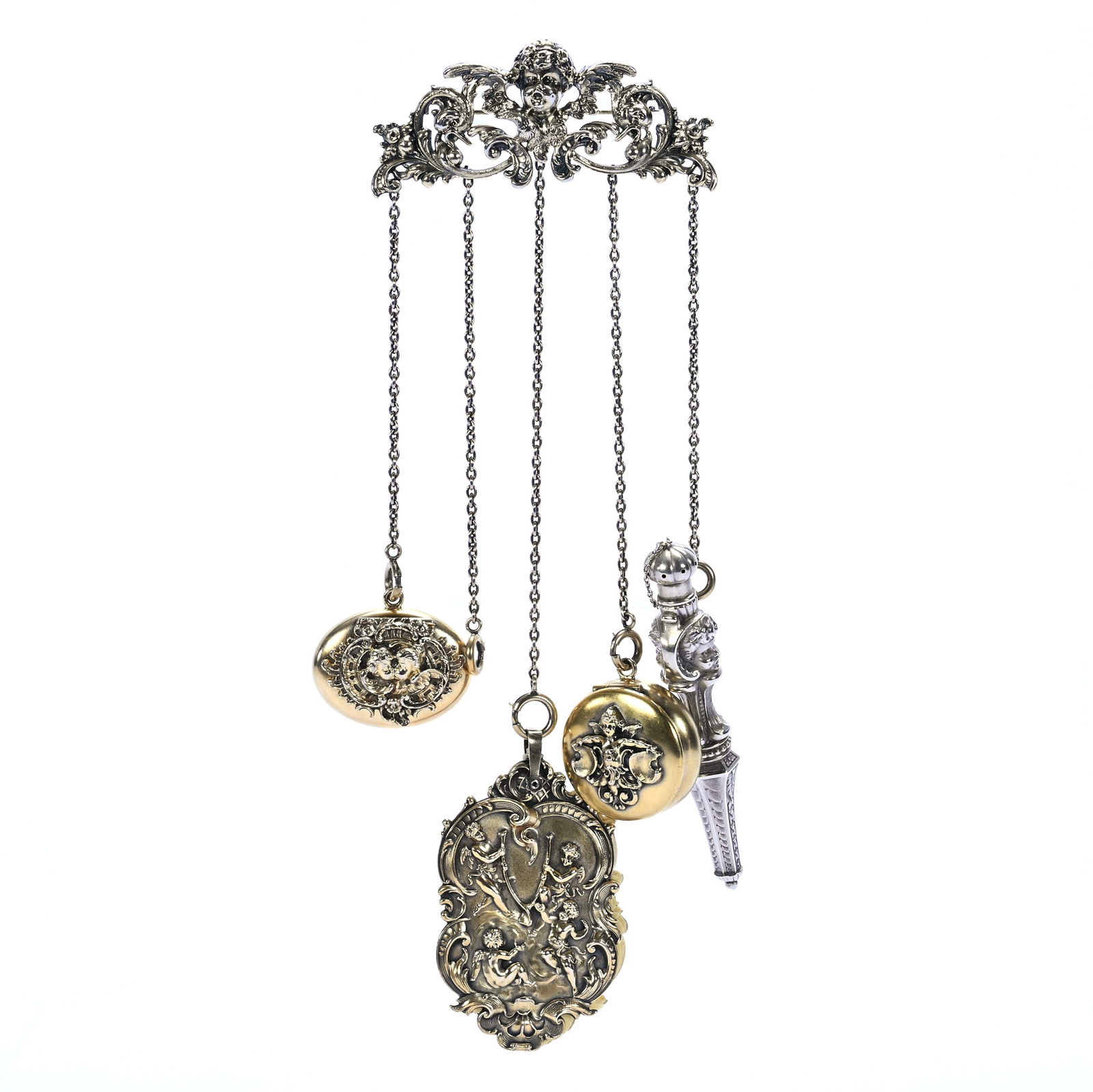 Solid Sterling Silver Victorian Chatelaine Set Marked Kerr & Company: Solid Sterling Silver Victorian Chatelaine Set Marked Kerr & Company, 9.5 x 4 x 1 Inches, Winged Angel Broach With Number Matched Attachments Including Oval Locket, Notepad With Celluloid Pages,