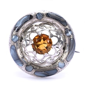 Vintage Scottish Silver Broach, Round Gray Agate Wrapped In Sterling