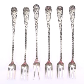 (6) Solid Sterling Silver Oyster Forks With Seahorse Handles Attributed To Whiting