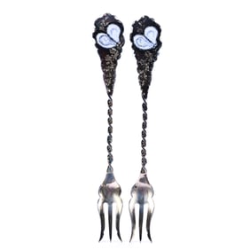 Pair Solid Sterling Silver Oyster Forks With Enamel Oyster Shell Design