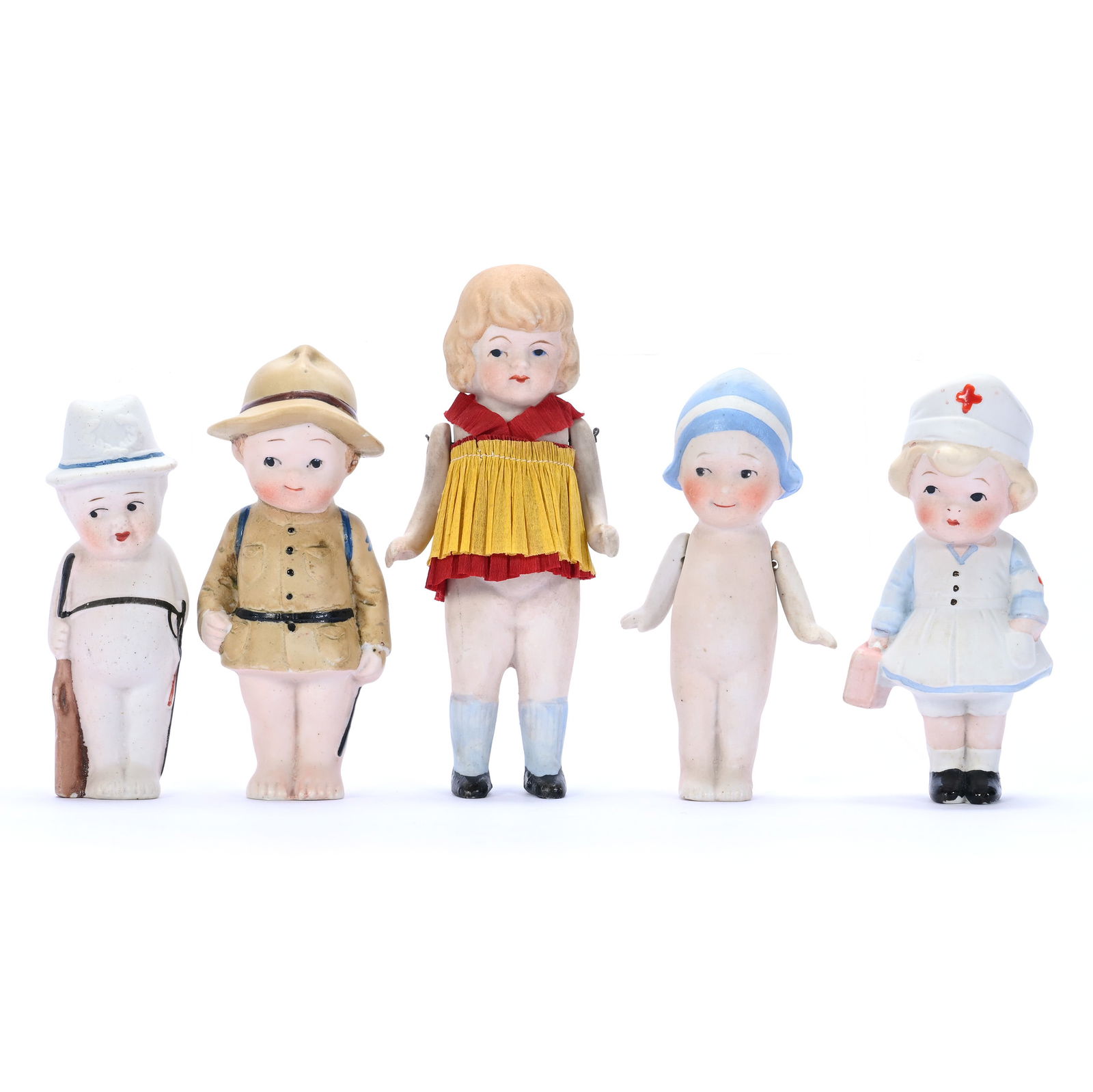 (5) Japanese All Bisque Dolls Marked Nippon: (5) Japanese All Bisque Dolls Marked Nippon, 4.5 Approximately x 2 x 1.5 Inches, Includes Nurse, Soldier, Girl With Bonnet, Girl With Paper Dress & Man, 0.5 Pounds, Dr. Harold & Audrey Eklund Estate,