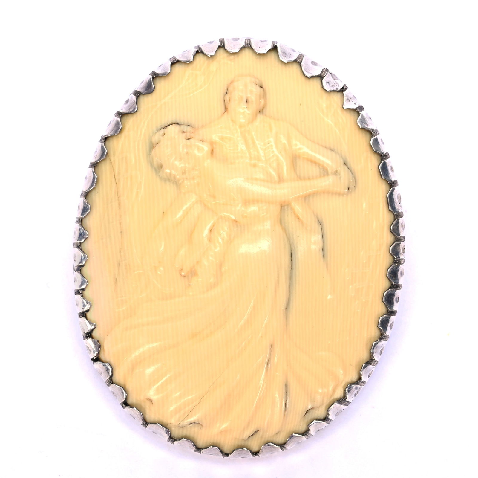 Sterling Silver Broach With Embossed Celluloid Courting Scene: Sterling Silver Broach With Embossed Celluloid Courting Scene, 1.75 x 1.5 x 0.5 Inches, 17.5 Grams, Dr. Harold & Audrey Eklund Estate, Iowa.