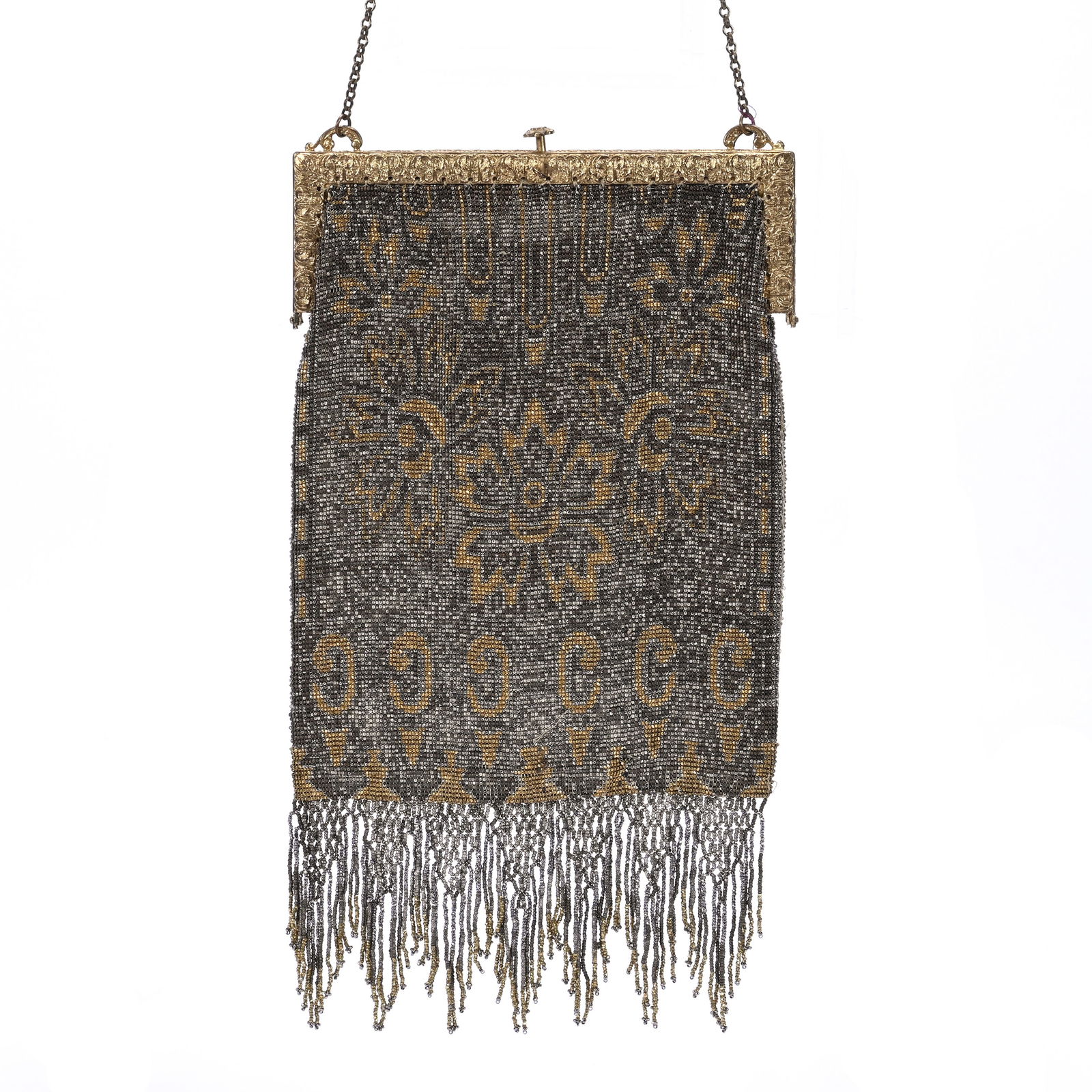 Evening Bag, Beaded Mesh With Original Silk Lining: Evening Bag, Beaded Mesh With Original Silk Lining, 12 x 6.5 x 0.5 Inches, Gilded Silverplate Clasp, No Visible Maker's Mark, Believed To Be French, Silver & Gold Beaded Design, Matching Removable