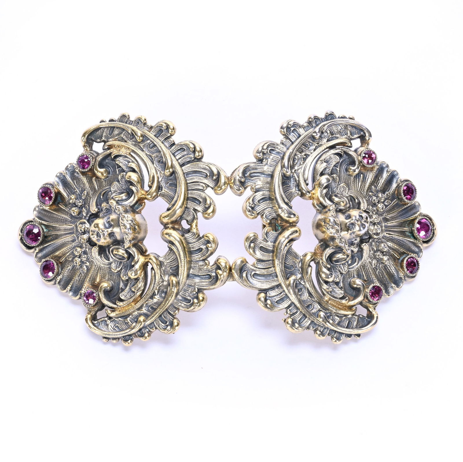 Solid Sterling Silver Kewpie Belt Buckle Marked Kerr & Company #335: Solid Sterling Silver Kewpie Belt Buckle Marked Kerr & Company #335, 3.75 x 2 x 0.75 Inches, Winged Angel Design With Each Buckle Part Featuring Five Inset Amethyst, Gilded Highlights, 28.0 Grams,