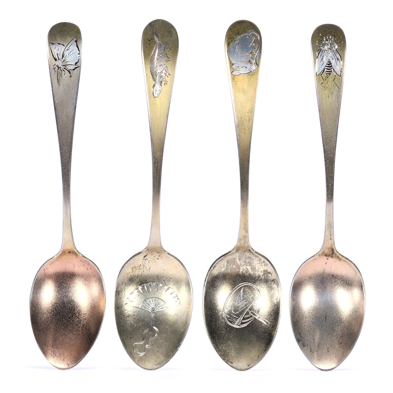 (4) Solid Sterling Silver Children's Spoons: (4) Solid Sterling Silver Children's Spoons, 4.5 x 1 x 0.5 Inches, Gilded With Each Featuring An Engraved Animal Including Bee, Mouse, Butterfly & Iguana, Two Engraved "Xmas 1880", Other Two Have