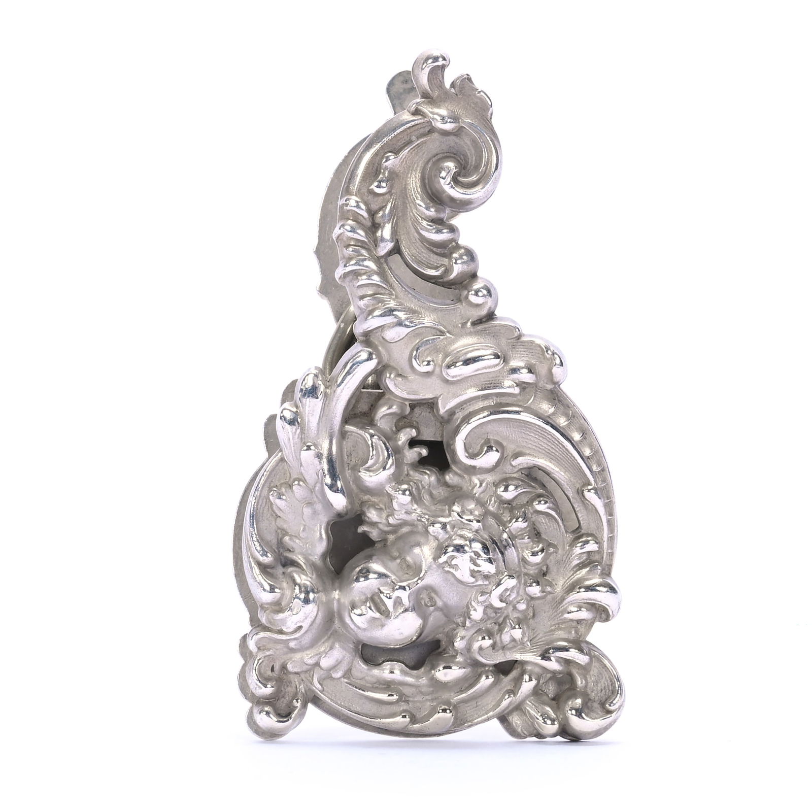 Solid Sterling Silver Paper Clasp Marked Kerr & Company #27: Solid Sterling Silver Spring-Loaded Paper Clip Marked Kerr & Company #27, 2.5 x 1.25 x 0.75 Inches, Cherub Head Design, 29.0 Grams, Dr. Harold & Audrey Eklund Estate, Iowa.