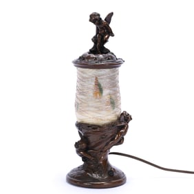 Desk Lamp, Figural Bronze Base Featuring Cherubs With Removable Bronze Cap With Cherub