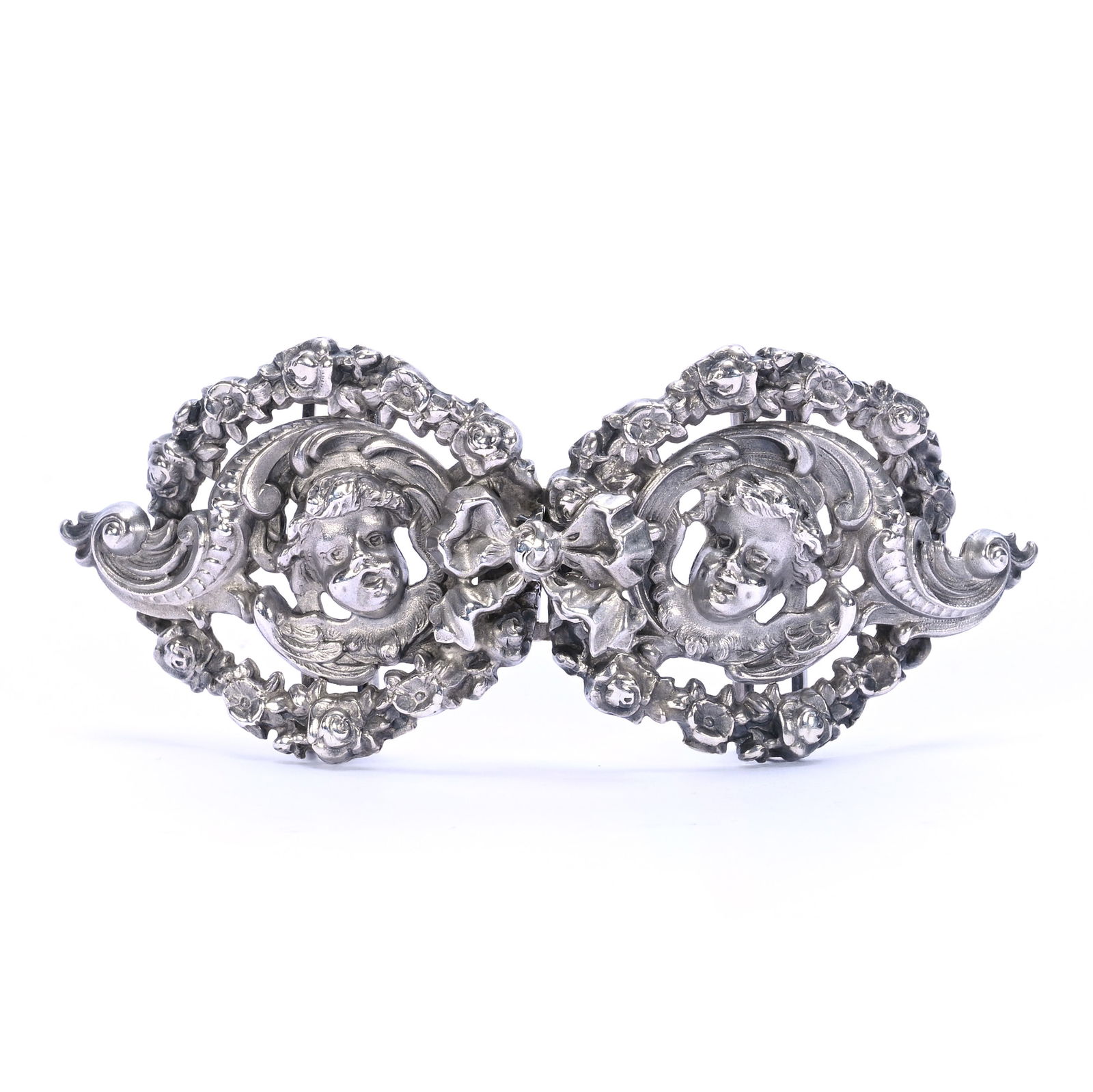 Solid Sterling Silver Two Part Belt Buckle Marked Kerr & Company #348: Solid Sterling Silver Two Part Belt Buckle Marked Kerr & Company #348, 3 x 1.25 x 0.5 Inches, Winged Cherub Design With Bowtie Center, 18.0 Grams, Dr. Harold & Audrey Eklund Estate, Iowa.