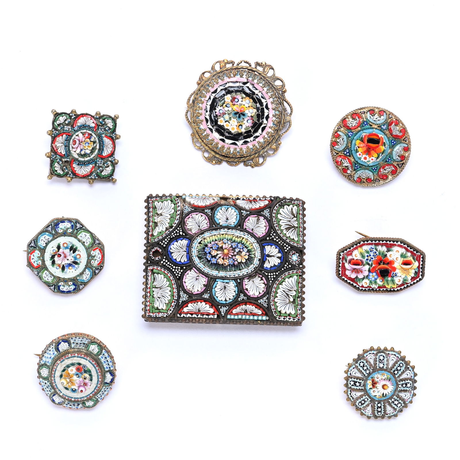 (8) Vintage Italian Micro-Mosaic Broaches: (8) Vintage Italian Micro-Mosaic Broaches, 2 x 1.625 x 0.5 Inches, (3) Round, (2) Square, (3) Assorted Shapes, See Photos For Details, 0.2 Pounds, Dr. Harold & Audrey Eklund Estate, Iowa.