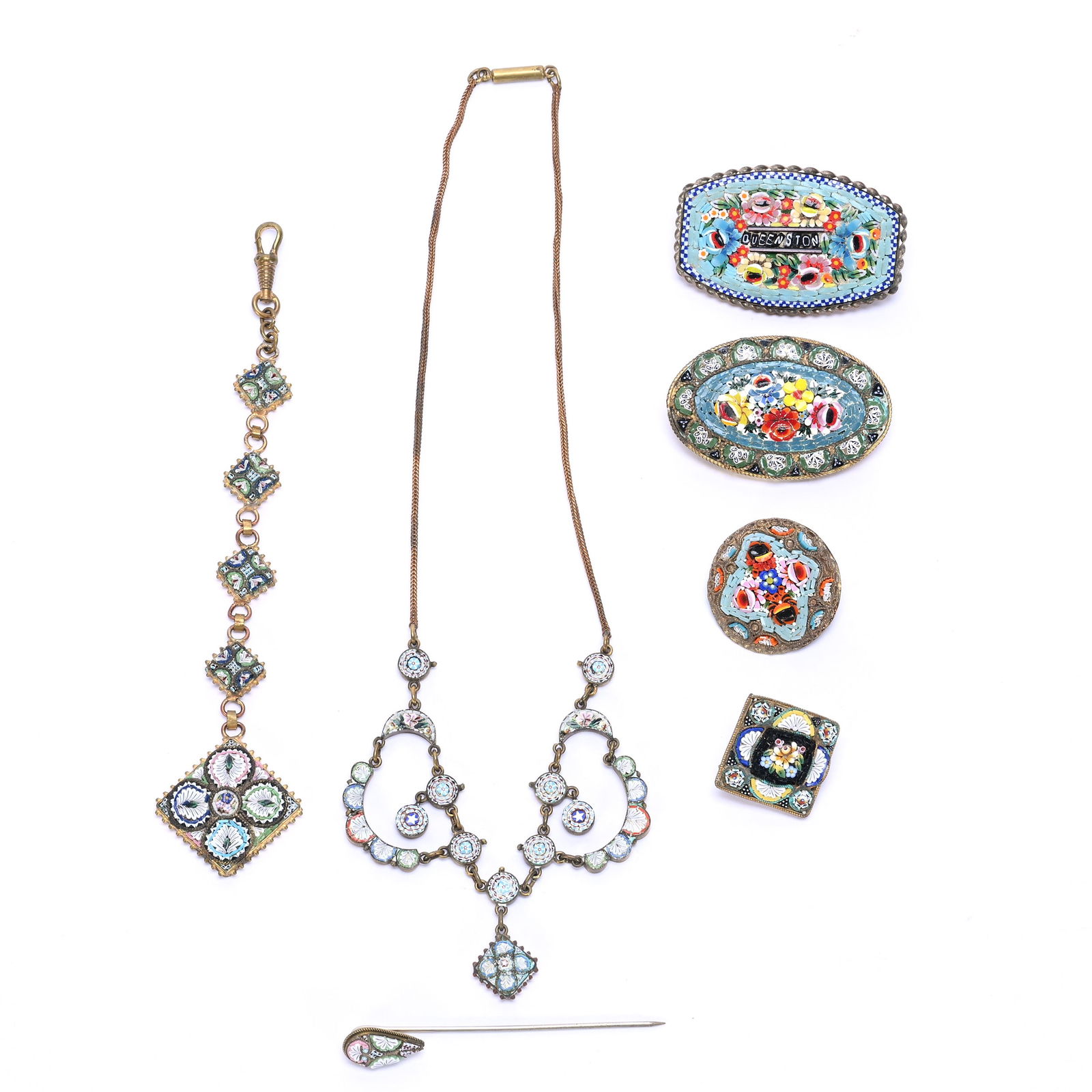 (7) Vintage Italian Micro-Mosaic Broaches, Hairpins, Etc.: (7) Vintage Italian Micro-Mosaic Broaches, Hairpins, Etc., 2 x 1.625 x 0.5 Inches, Colorful Designs, Various Shapes, See Photos For Details, 0.2 Pounds, Dr. Harold & Audrey Eklund Estate, Iowa.