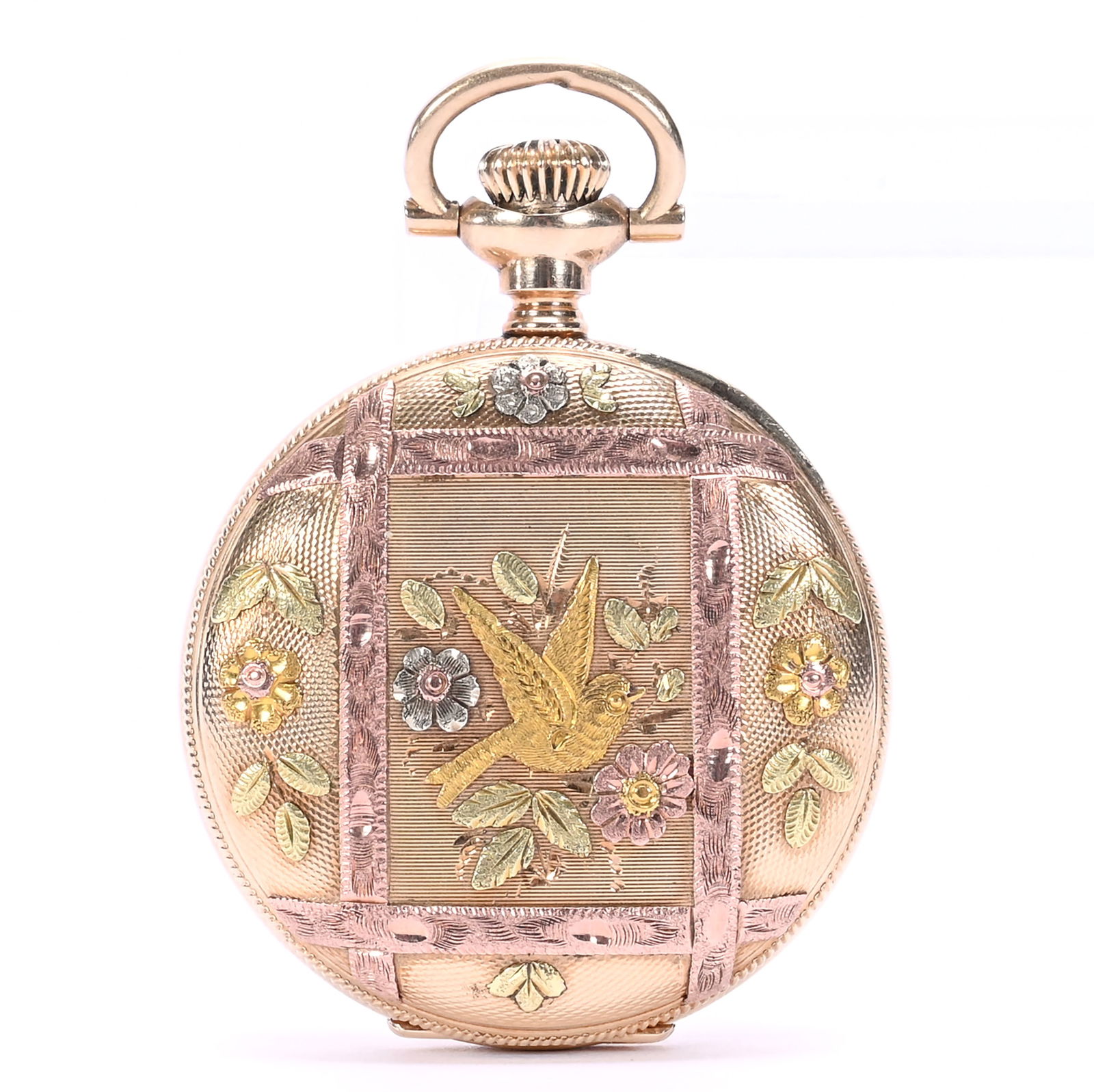 Solid 14k Gold Ladies Pocket Watch, American Waltham Clock Face: Solid 14k Gold Ladies Pocket Watch, American Waltham Clock Face, 1.25 x 1.75 x 0.375 Inches, Tri-Color Case With Bird And Floral Design, No Watch Crystal, Sells With Gold Color Chain & Fob Marked