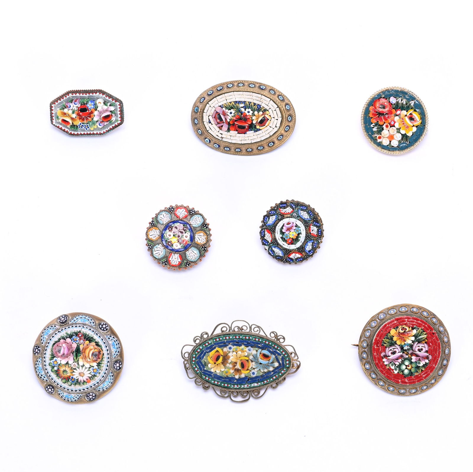 (8) Vintage Italian Micro-Mosaic Broaches: (8) Vintage Italian Micro-Mosaic Broaches, 1.5 x 1.125 x 0.5 Inches, (5) Round, (2) Oval, (1) Eight-Sided, Colorful Floral Designs, 0.2 Pounds, Dr. Harold & Audrey Eklund Estate, Iowa.