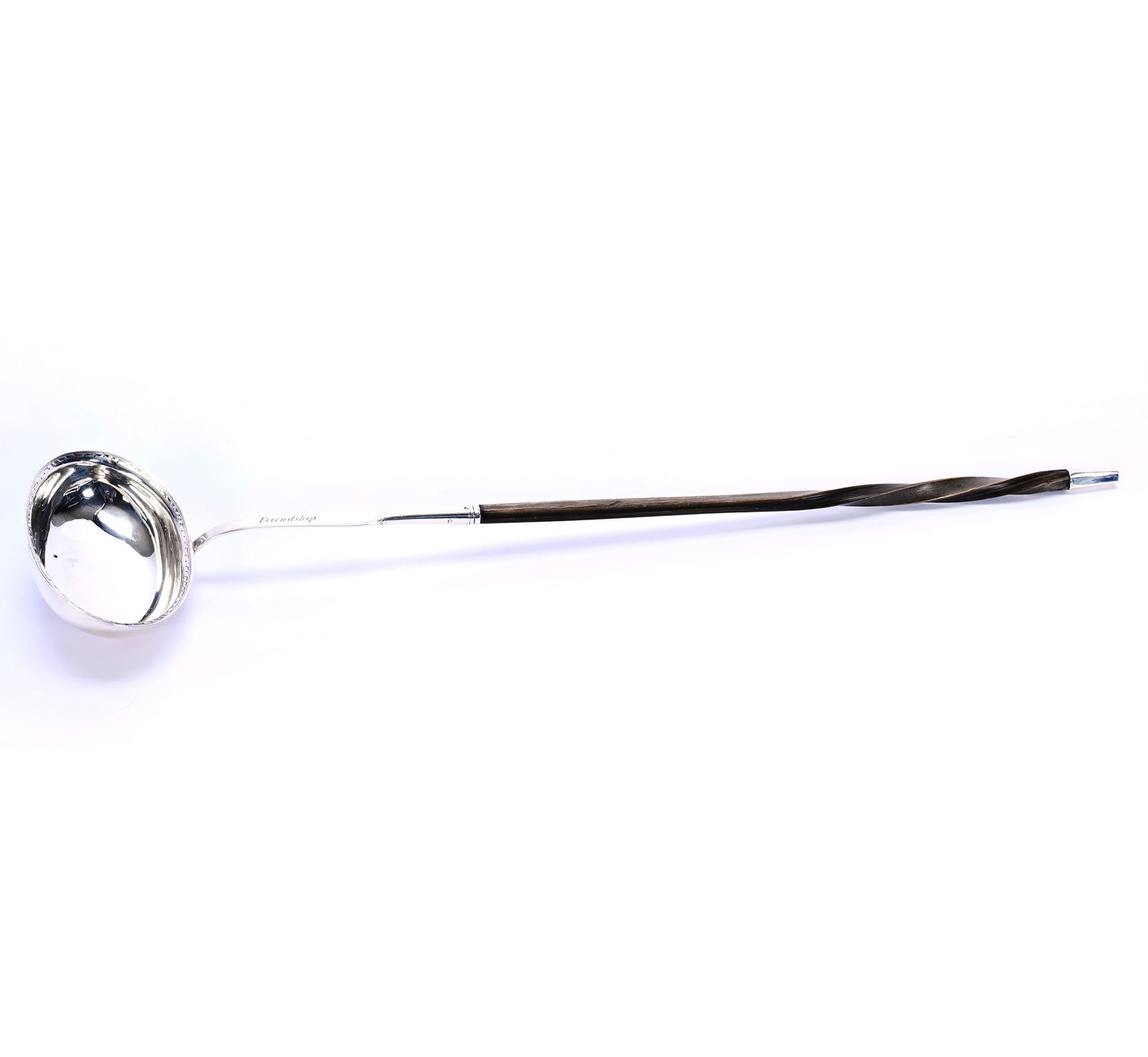 Solid English Sterling Silver Punch Ladle With Wooden Twist Handle: Solid English Sterling Silver Punch Ladle With Wooden Twist Handle, 15 x 3.25 x 1.5 Inches, Inscribed "Friendship", Unable To Discern Maker's Mark, Dated 1835, 41.0 Grams, Dr. Harold & Audrey Eklund