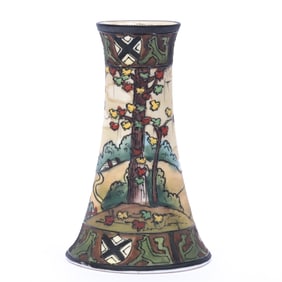 Hatpin Holder Marked Nippon, Fall Scene With Hill Country Decor