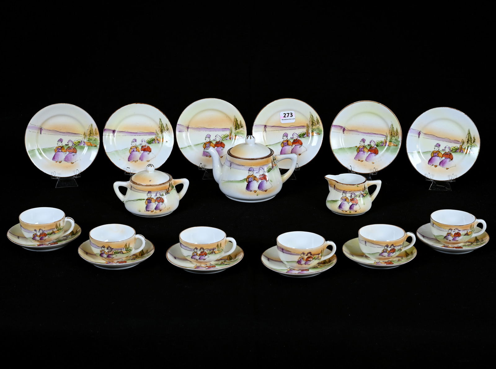 Child's Tea Set, Fifteen Piece, Marked Nippon: Child's Tea Set, Fifteen Piece, Marked Nippon, Dutch Children Scenic Decor, Set Includes (1) 3.5" x 5.5" x 3.5" Tea Pot, Creamer, Sugar, (6) 4.25" Plates, (6) Cups And Saucers, Interior Rim Chip On