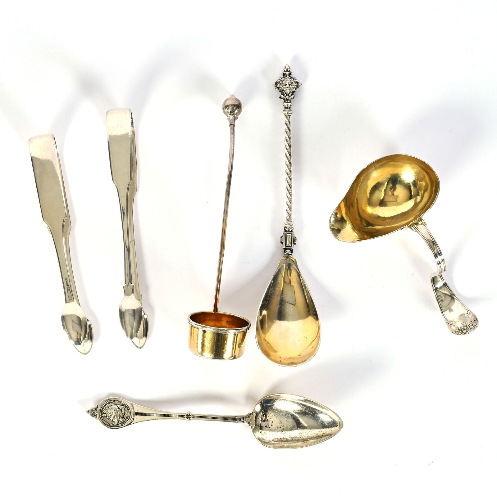 (6) Solid Silver Specialty Serving Pieces: (6) Solid Silver Specialty Serving Pieces, Items Include (1) 5" Swedish Ladle With Looped Handle, Dated 1818, (1) 6.5" Medallion Pattern Marked Brower & Sons, (2) 6" Tongs, (1) 8" Serving Spoon
