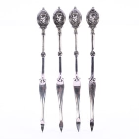 (4) Solid Coin Silver Nut Picks, Medallion Pattern By Ball Black & Company 325