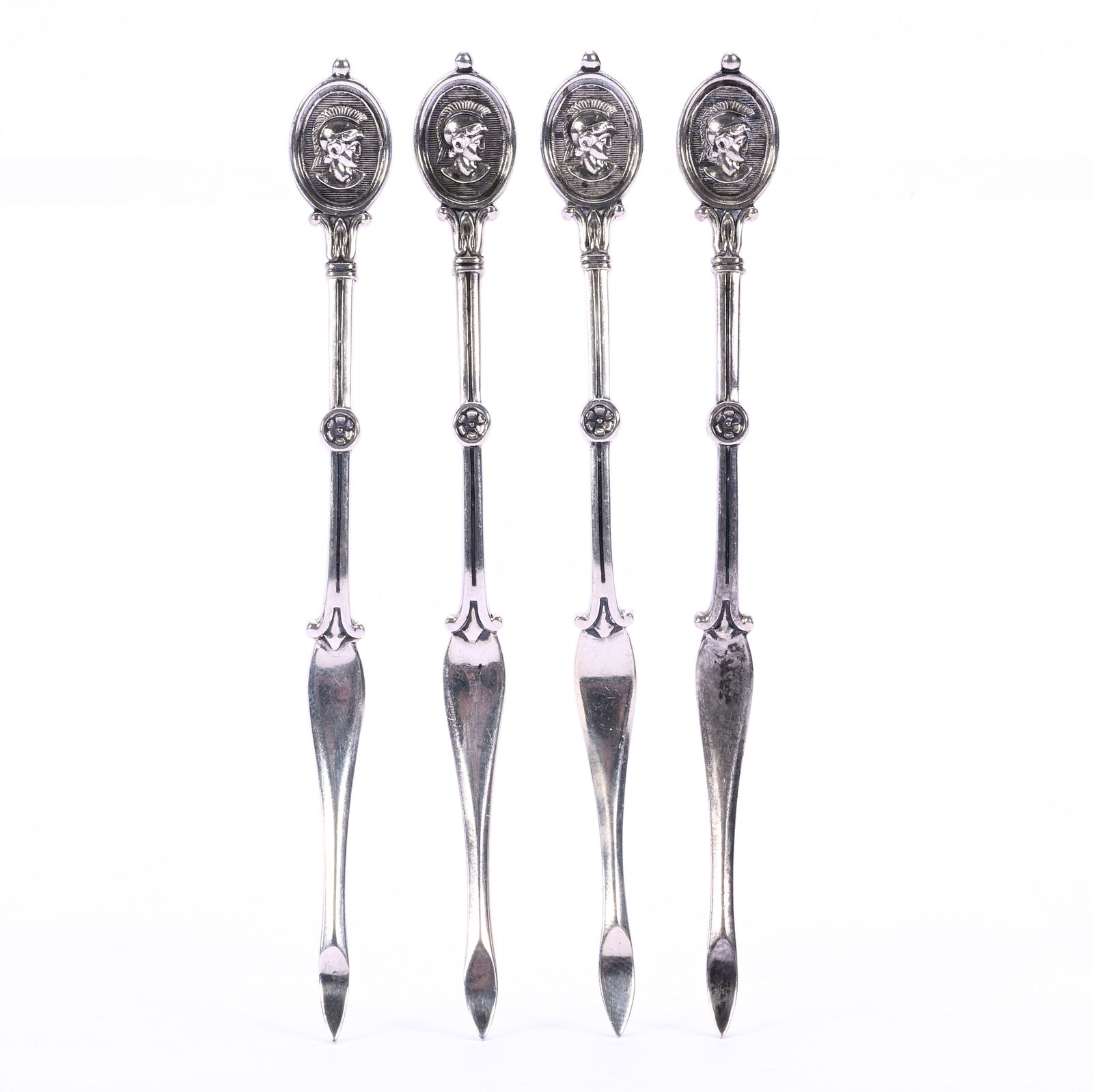 (4) Solid Coin Silver Nut Picks, Medallion Pattern By Ball Black & Company 325: (4) Solid Coin Silver Nut Picks, Medallion Pattern By Ball Black & Company 325, 4.5 x 0.5 x 0.25 Inches, 46.0 Grams, Dr. Harold & Audrey Eklund Estate, Iowa.