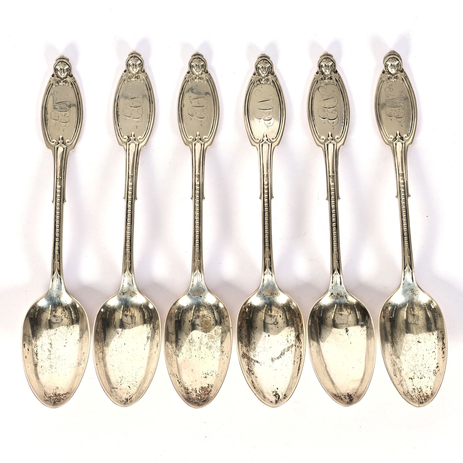 (6) Solid Coin Silver Teaspoons Marked Albert Cole (New York Silversmith), Circa 1850's: (6) Solid Coin Silver Teaspoons Marked Albert Cole (New York Silversmith), Circa 1850's, 6.25 x 1.125 x 0.75 Inches, Small Female Figurehead, Matched Monograms On Handle, 148.0 Grams, Dr. Harold & Aud