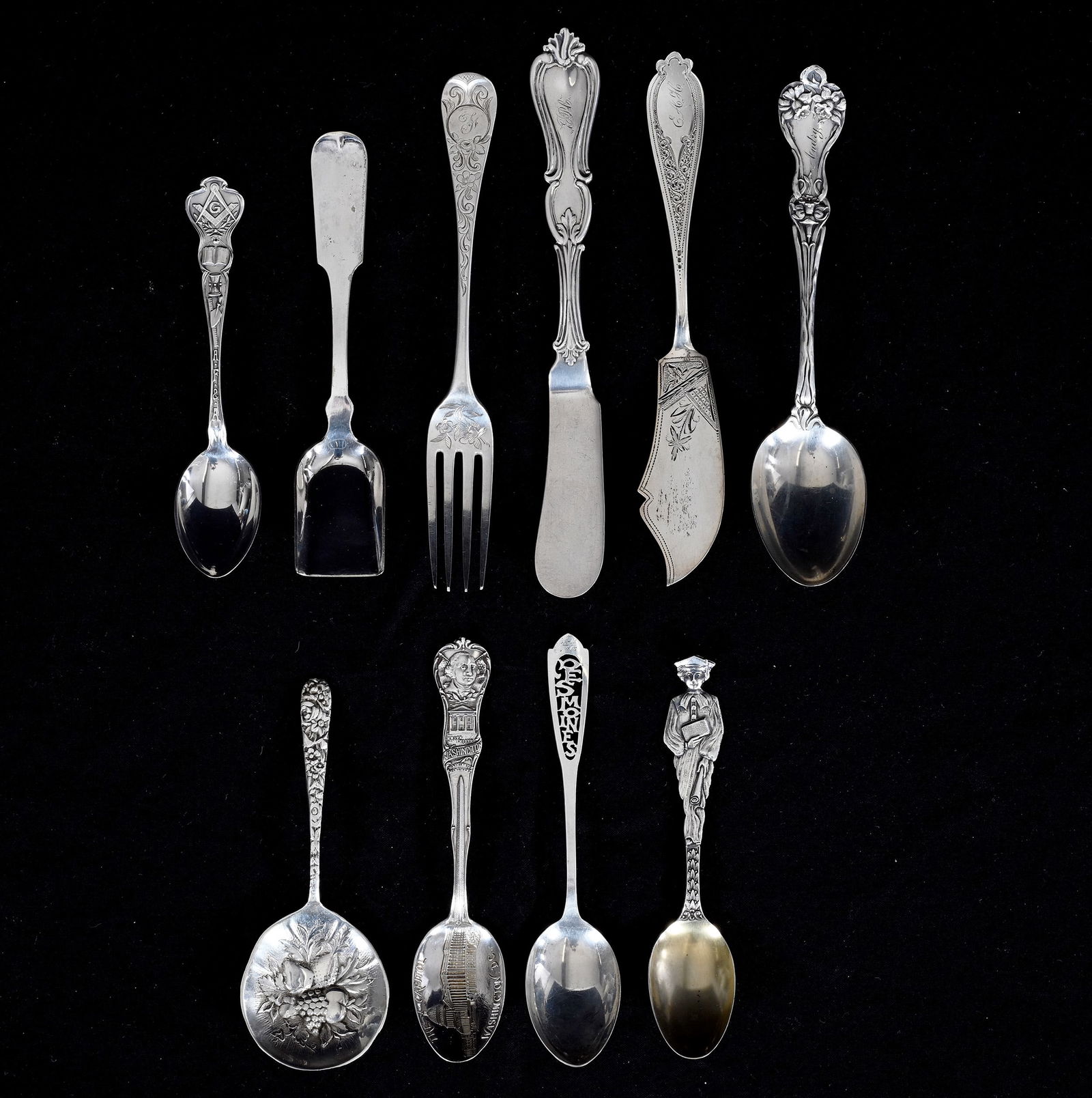 (10) Solid Sterling & Coin Silver Spoons, Forks, Knives & Scoop, Various Makers (1 of 6)