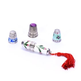 (3) Solid Sterling Silver & Enamel Thimbles, (1) Sterling Thimble/Thread Holder
