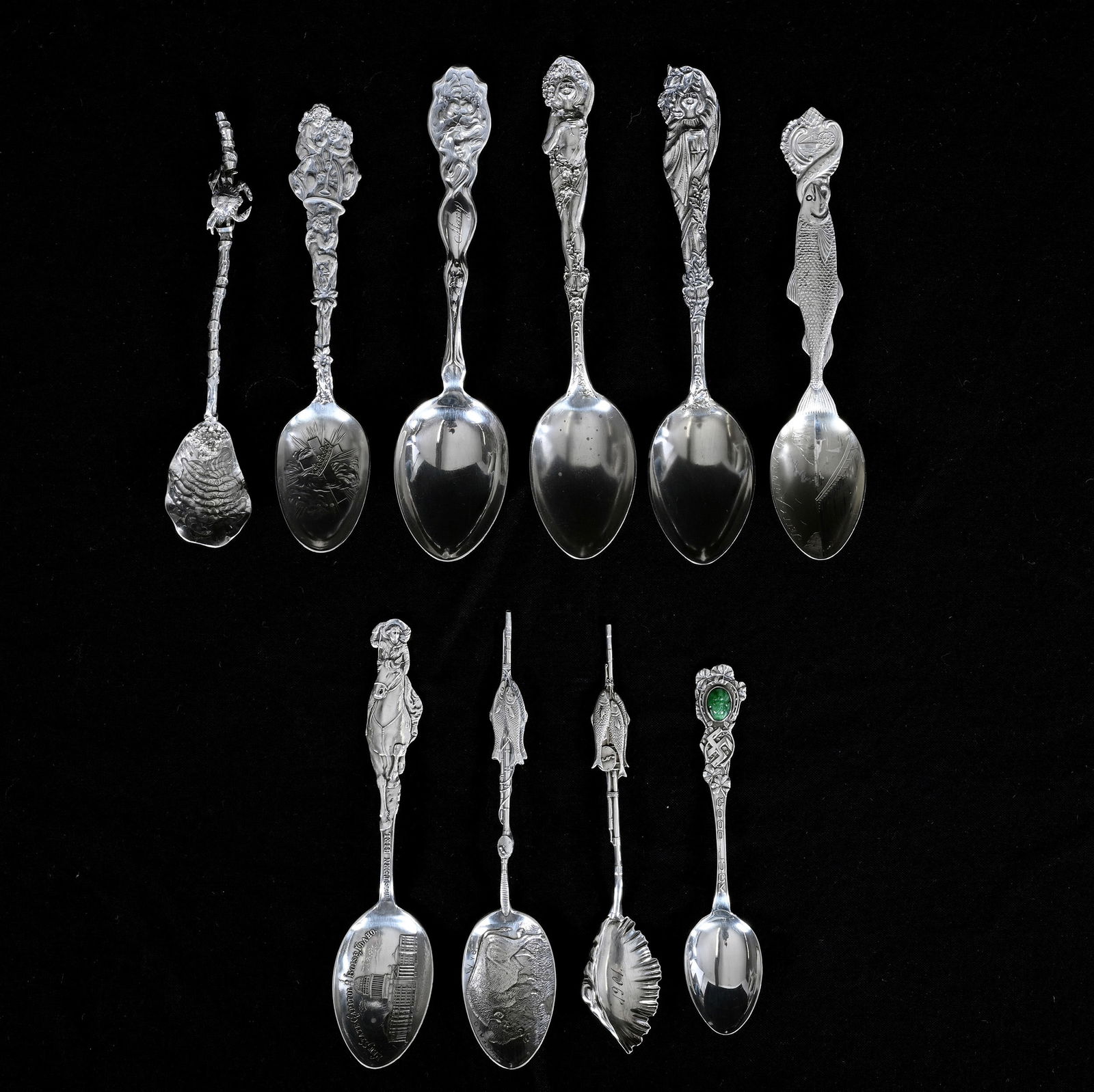 (10) Solid Sterling Silver Souvenir Spoons Including Fish & Fishing Pole, Crab, Winter & Spring: (10) Solid Sterling Silver Souvenir Spoons Including Fish & Fishing Pole, Crab, Winter & Spring, 6 x 1.25 x 1 Inches, And More, See Photos For Details, 203.0 Grams, Dr. Harold & Audrey Eklund Estate,