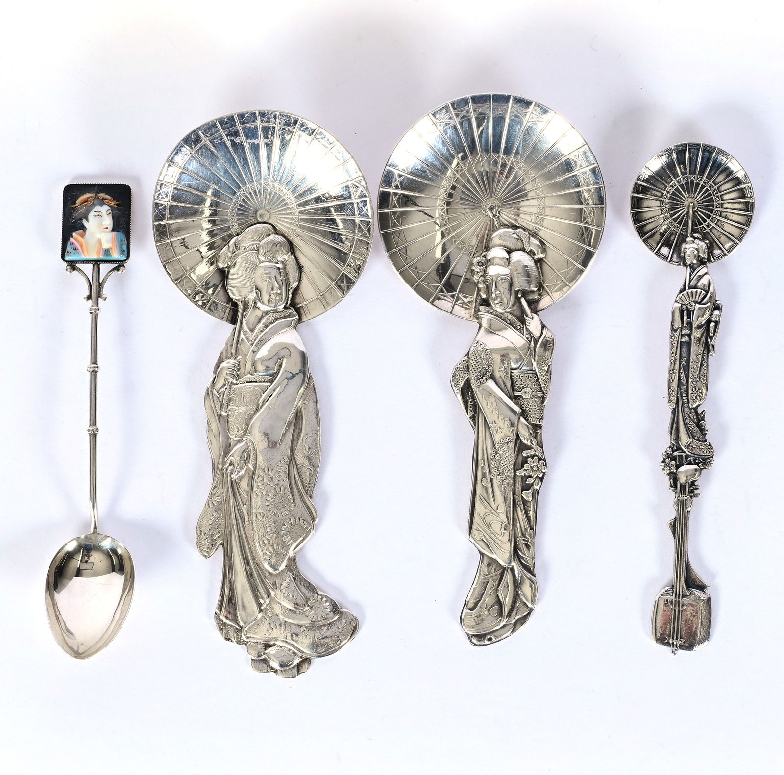 (4) Solid Sterling Silver Spoons With Geisha Designs: (4) Solid Sterling Silver Spoons With Geisha Designs, 5.5 x 2.125 x 0.75 Inches, One Marked Hayashi, See Photos For Details, 106.0 Grams, Dr. Harold & Audrey Eklund Estate, Iowa.