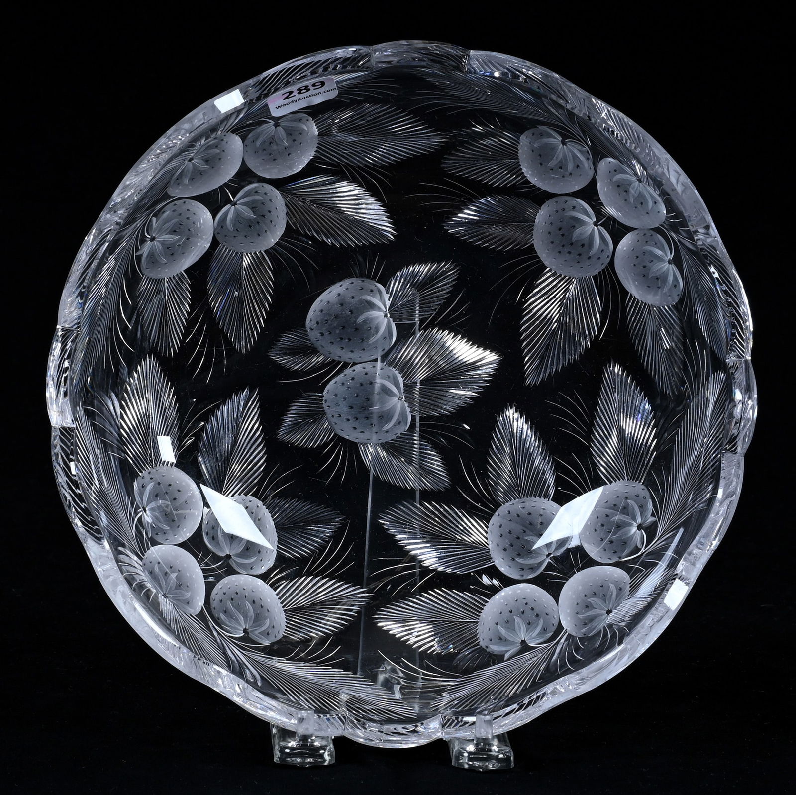 Bowl, American Brilliant Cut Glass, Signed Hawkes Gravic Glass: Bowl, American Brilliant Cut Glass, Signed Hawkes Gravic Glass, 2.5 x 8.75 x 8.75 Inches, Beautiful Strawberry Pattern, Quality Blank, 3.5 Pounds, Dr. Harold & Audrey Eklund Estate, Iowa.