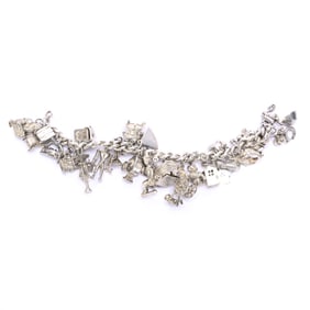 Solid Sterling Silver Charm Bracelet With (23) Charms Marked "E. B. Sterling"