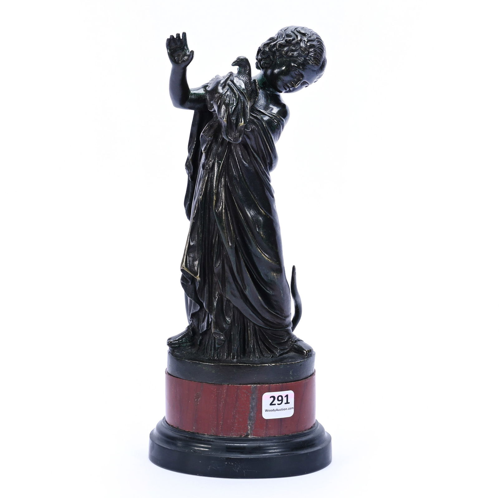 Bronze Figurine, Girl Protecting Bird From Snake Titled "The Innocence": Bronze Figurine, Girl Protecting Bird From Snake Titled "The Innocence", 11.5 x 5 x 4 Inches, No Artist Marks Visible On Bronze, Good Patina Mounted On Brown & Black Marble Base, Circa Early 1900's,