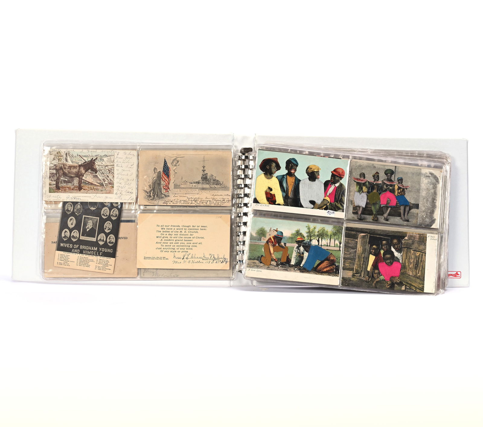 Over (120) Early Postcards In Album: Over (120) Early Postcards In Album, 1.75 x 13.25 x 9 Inches, Historical, Souvenir, Black Memorabilia, Holiday And More, 4.2 Pounds, Dr. Harold & Audrey Eklund Estate, Iowa.