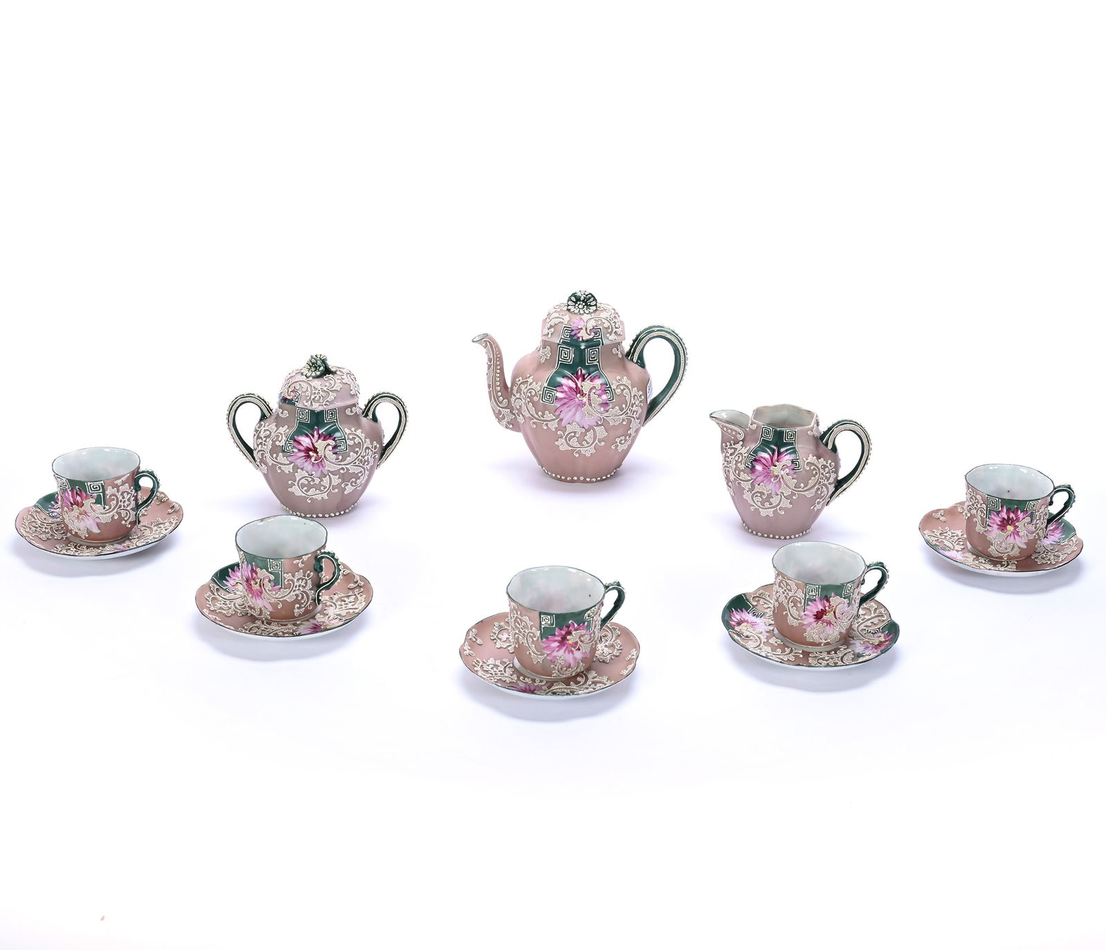 Tea Set, Eight Piece, Unmarked Nippon: Tea Set, Eight Piece, Unmarked Nippon, Dark Pink Tones & Green With Pink Floral Decor, Extensive Moriaga Overlay, (1) 6.5" x 7.25" x 4.75" Tea Pot, Matching Creamer, Sugar, (5) Cups And Saucers, 3.5