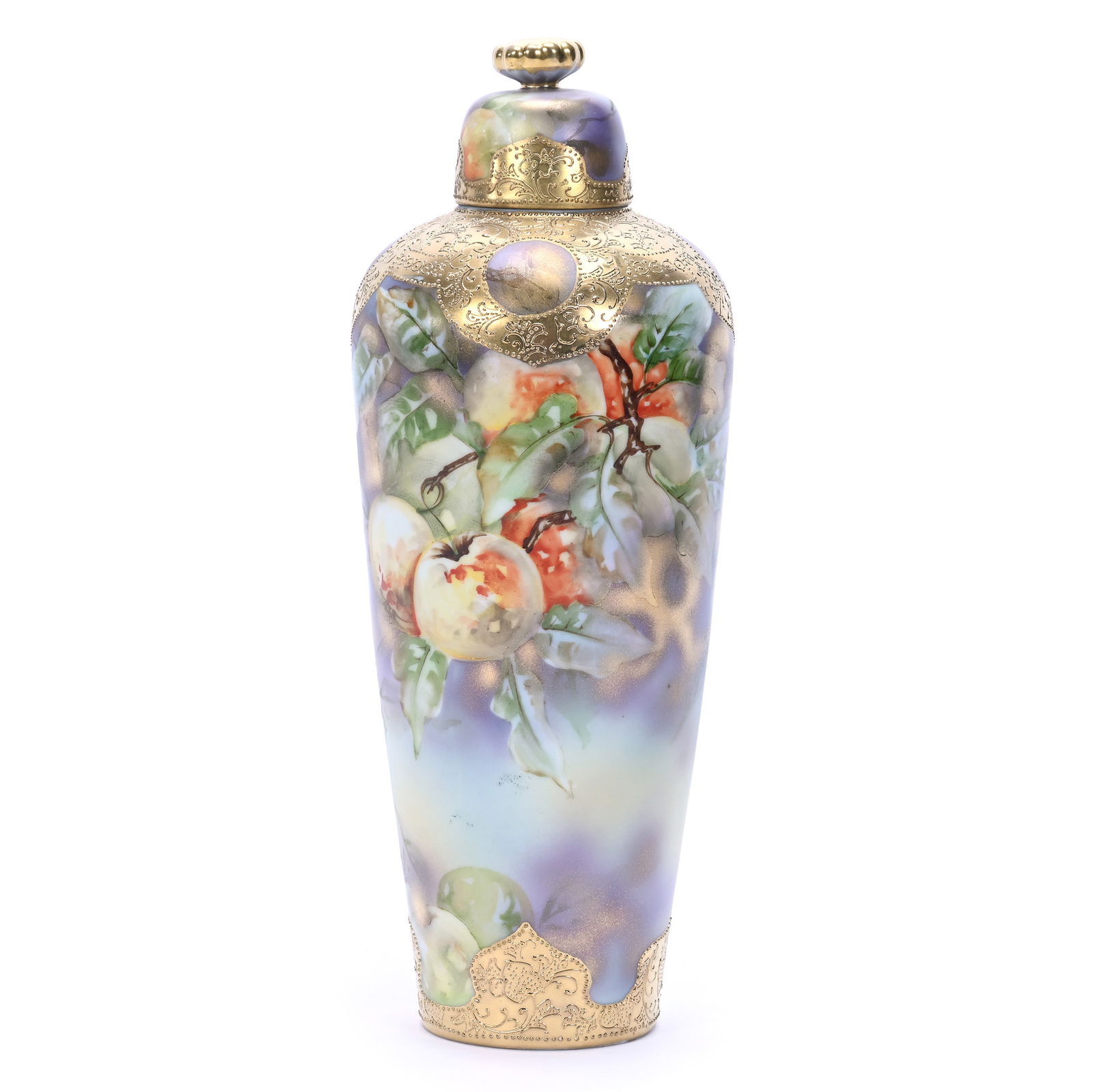 Covered Urn Marked Nippon: Covered Urn Marked Nippon, 12.5 x 5 x 5 Inches, Lavender And Yellow Ground With Apple Branch Decor, Heavy Gold Highlights, 2.6 Pounds, Dr. Harold & Audrey Eklund Estate, Iowa.