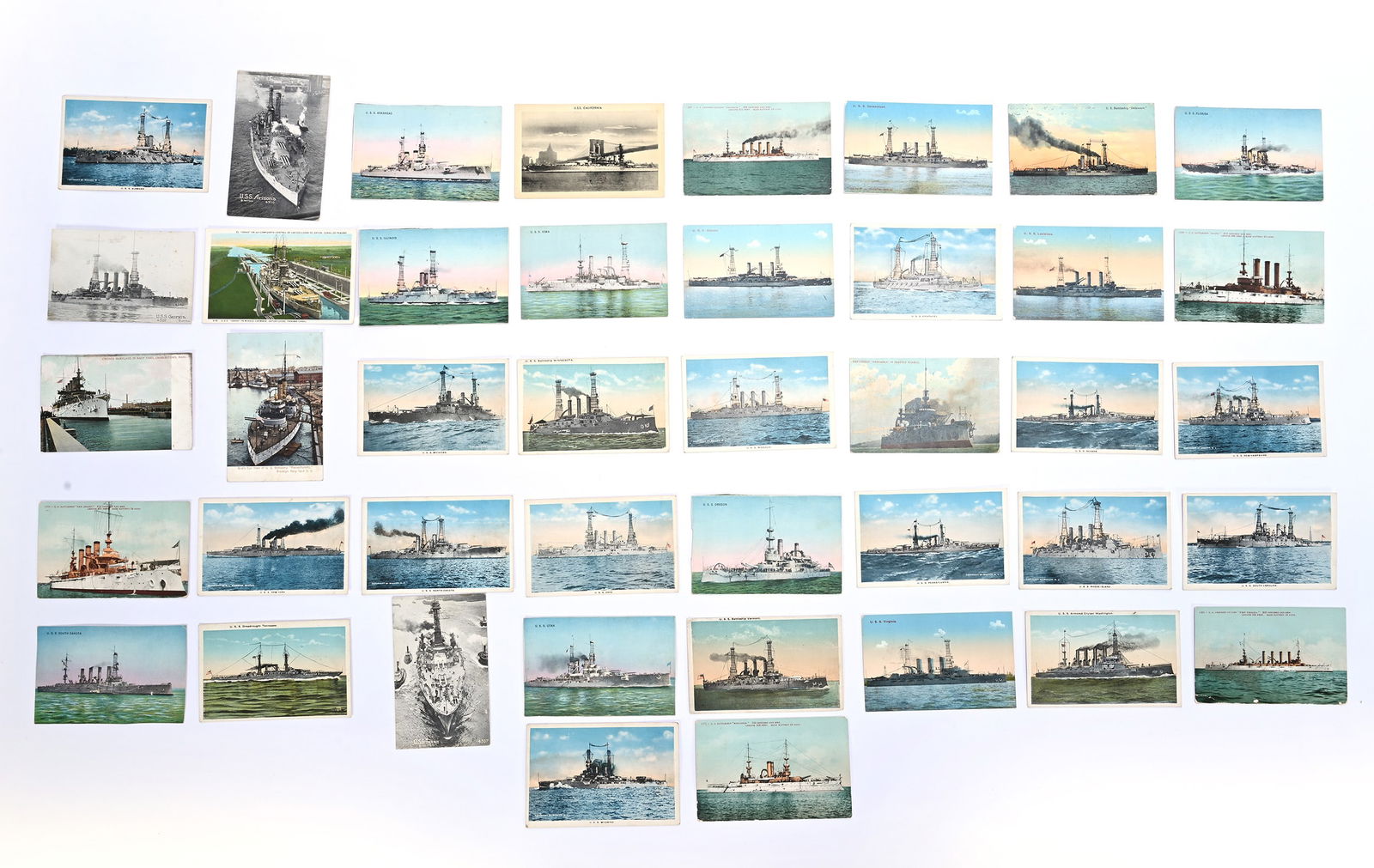 (41) Early Postcards Featuring WWI Battleships Named After States: (41) Early Postcards Featuring WWI Battleships Named After States, 5.5 x 3.5 x 0.75 Inches, Ship Names Include Arizona, Colorado, Iowa, Maine, Pennsylvania And More, Very Few Have Been Used