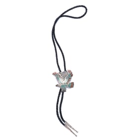 Bolo Tie, Navajo Silver Eagle With Turquoise & Coral Highlights