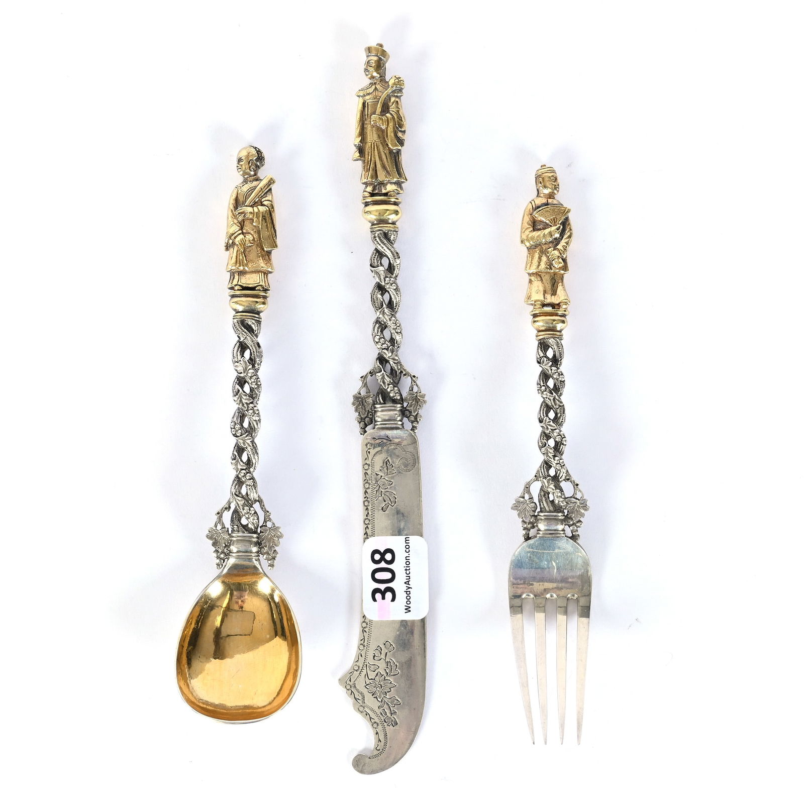 Chinese Export Flatware Marked Sunshing (Circa 1790-1830), Three Piece Set: Chinese Export Flatware Marked Sunshing (Circa 1790-1830), Three Piece Set, 7.75 x 1.25 x 1 Inches, Gilded Mandarin Figures With Twisted Vine Handle, Set Includes Knife, Spoon & Fork, 167.0 Grams,