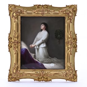 Porcelain Plaque, Unmarked German, Hand Painted Scene Of Woman Praying