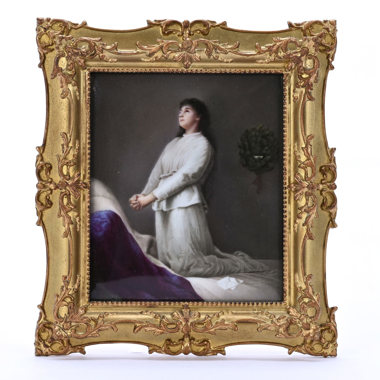 Porcelain Plaque, Unmarked German, Hand Painted Scene Of Woman Praying: Porcelain Plaque, Unmarked German, Hand Painted Scene Of Woman Praying, 5 x 4.25 x 0.25 Inches, Titled "Vater Unser" (Our Father), Mounted In Gilt Wooden Frame Measuring 7" x 6.25" x 1", No Artist
