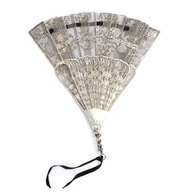 Solid Silver Folding Fan, Filigree Floral Design