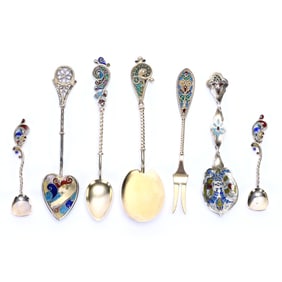 (7) Solid Sterling Silver & Plique De Jour Spoons & Fork