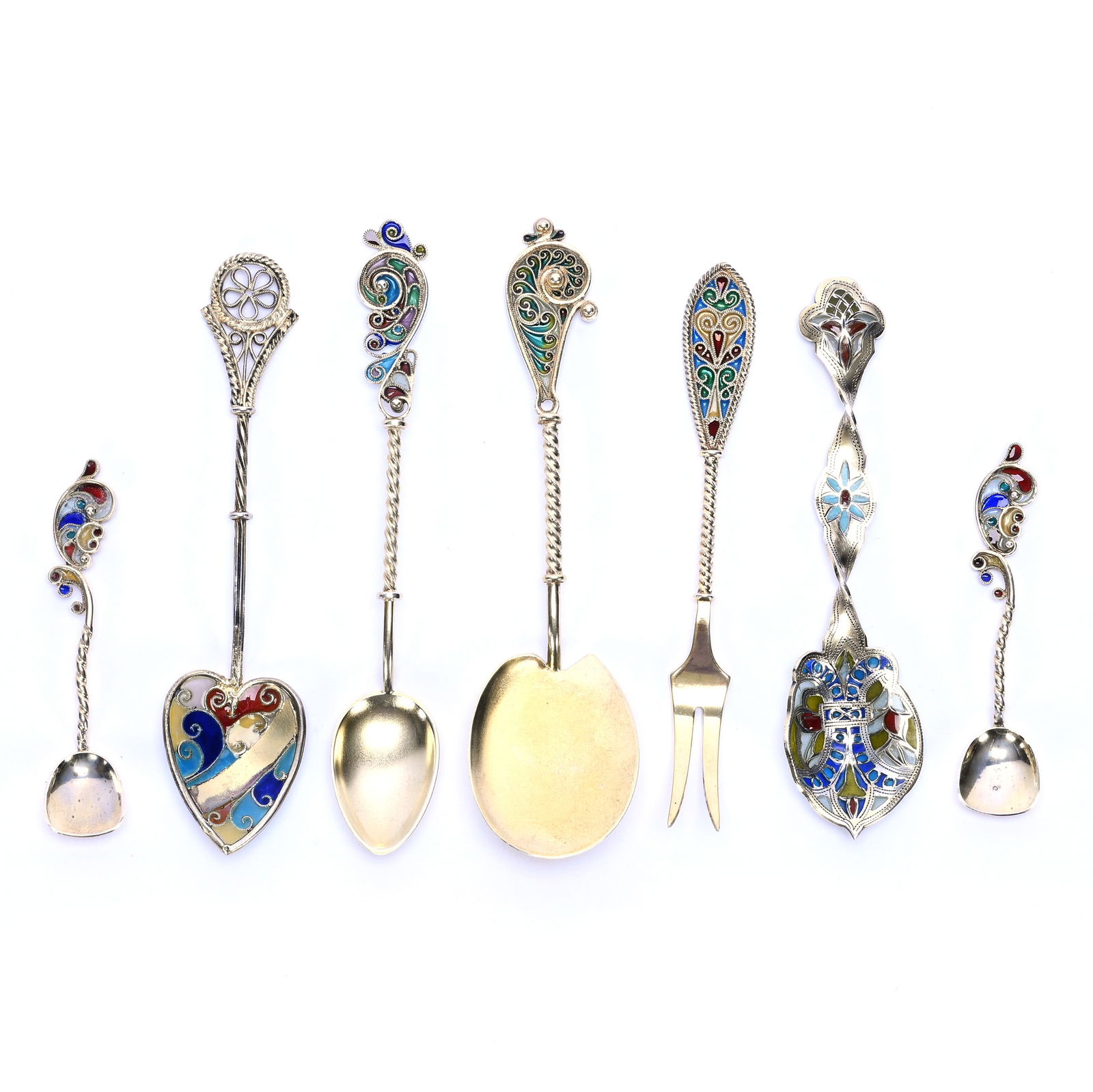 (7) Solid Sterling Silver & Plique De Jour Spoons & Fork: (7) Solid Sterling Silver & Plique De Jour Spoons & Fork, 4.5 x 1.125 x 0.5 Inches, Smallest Is 2.5", Unidentified Hallmarks, 51.0 Grams, Dr. Harold & Audrey Eklund Estate, Iowa.