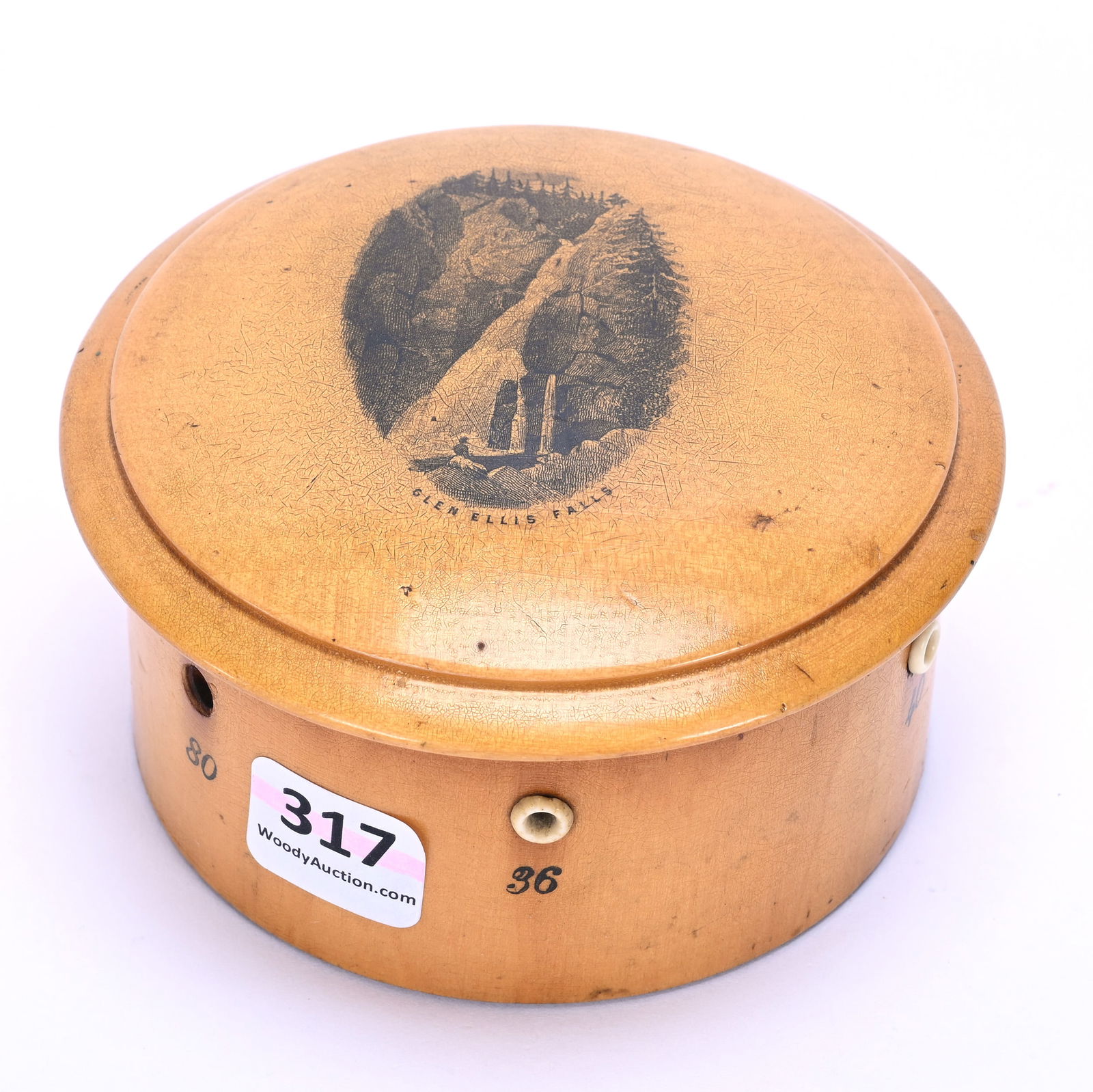 Wooden Souvenir & Advertising Thread Box,: Wooden Souvenir & Advertising Thread Box, 2.25 x 4.25 x 4.25 Inches, "Glen Ellis Falls" Medallion On Lid, Original "John Clark Spool" Label From Glascow Inside Lid, Missing Four Interior Spool
