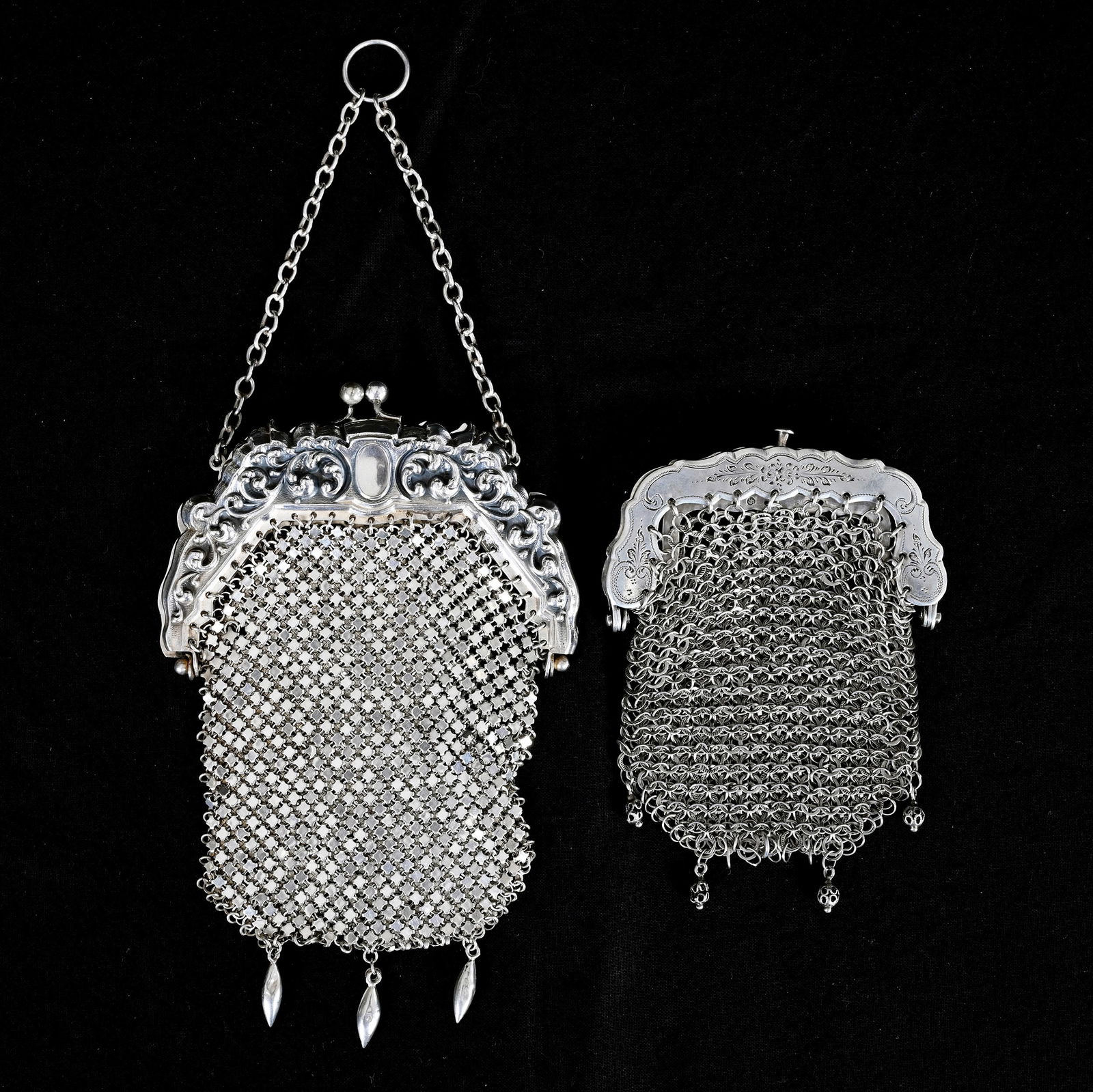 (2) Solid Sterling & Coin Silver Evening Bags: (2) Solid Sterling & Coin Silver Evening Bags, 5 x 4 x 0.5 Inches, (1) Sterling Bag Is Mesh & Is Personalized "Edith Albert, Canton, O", (1) 4" x 3" Coin Silver Bag Of Interlocking Rings, 181.0 Grams,